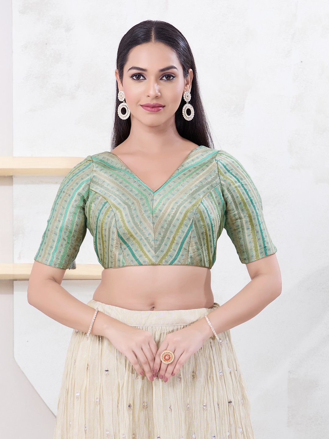 Pista Green Contemporary Woven Jacquard Designer Blouse