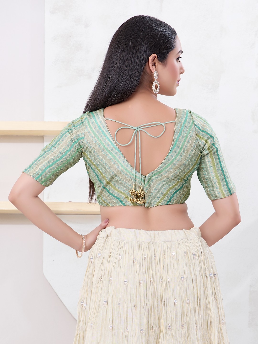Pista Green Contemporary Woven Jacquard Designer Blouse — alternate view