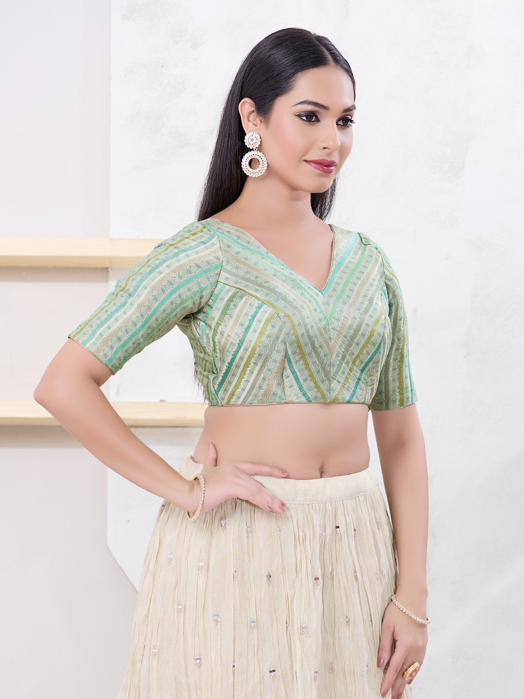 Pista Green Contemporary Woven Jacquard Designer Blouse