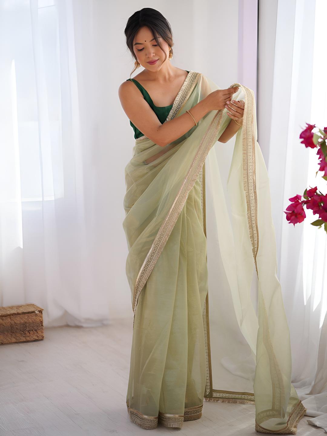Pista Green Cording Lace Border Gold Net Saree