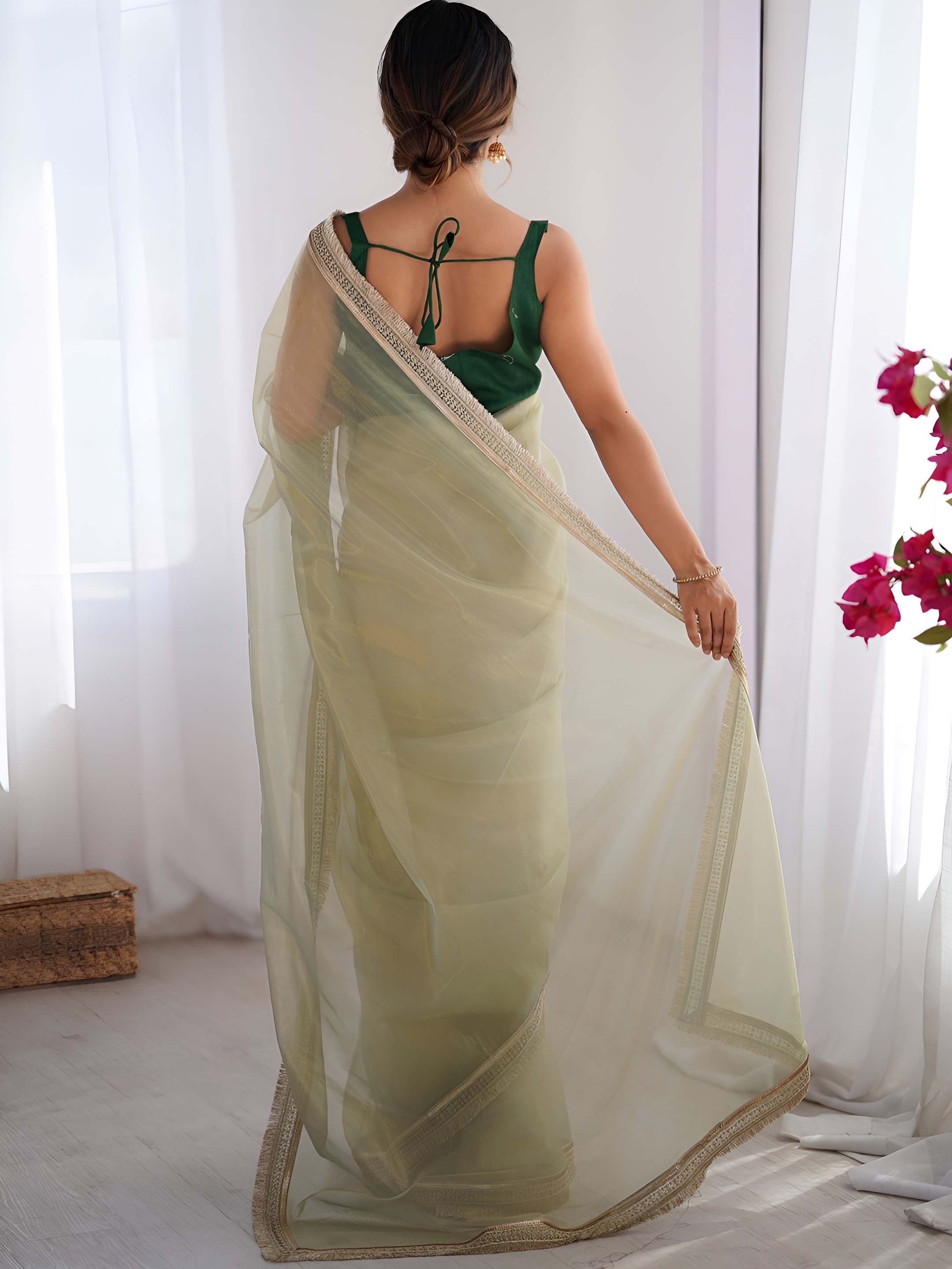 Pista Green Cording Lace Border Gold Net Saree — alternate view