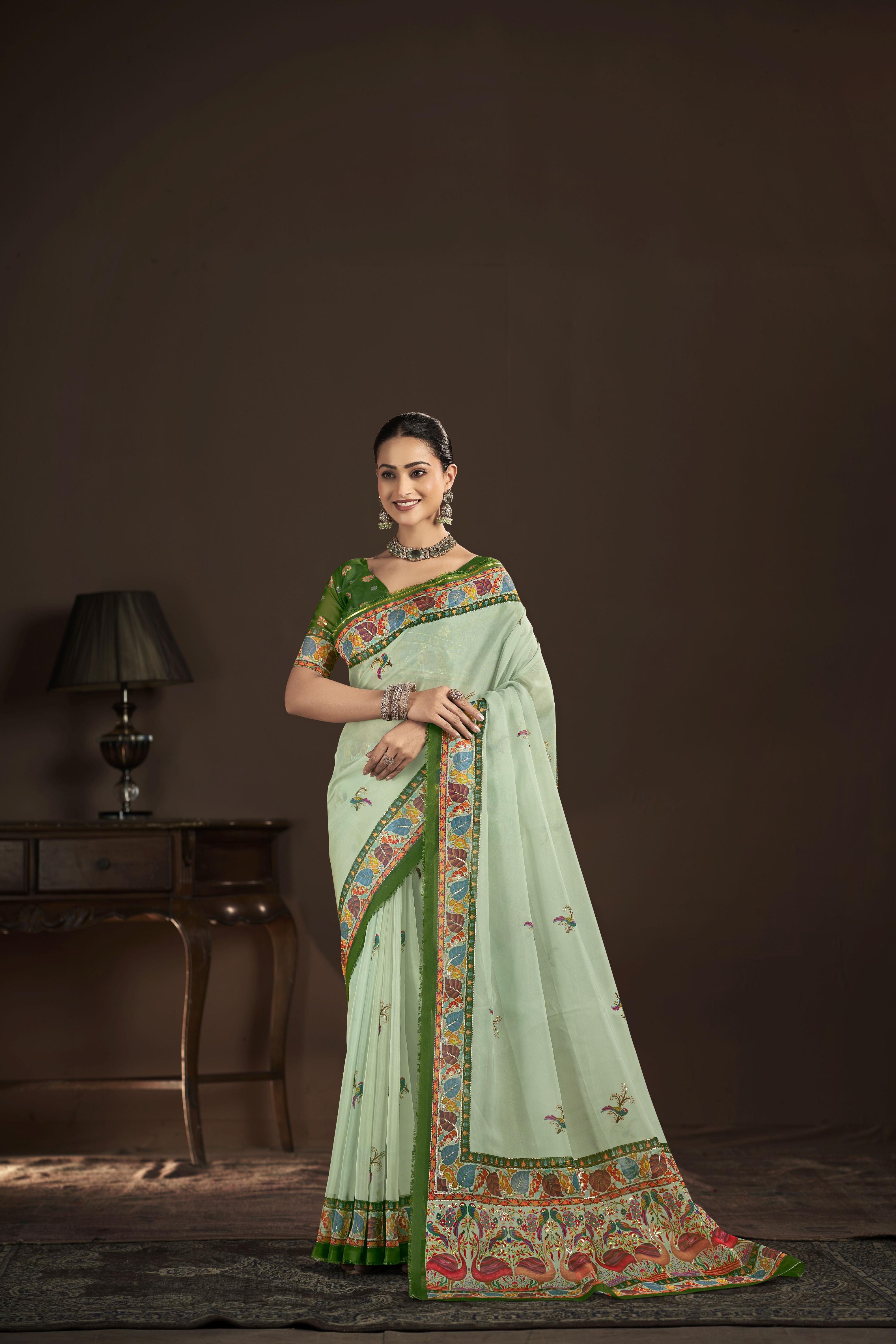 Pista Green Crepe Silk Foil Printed Saree