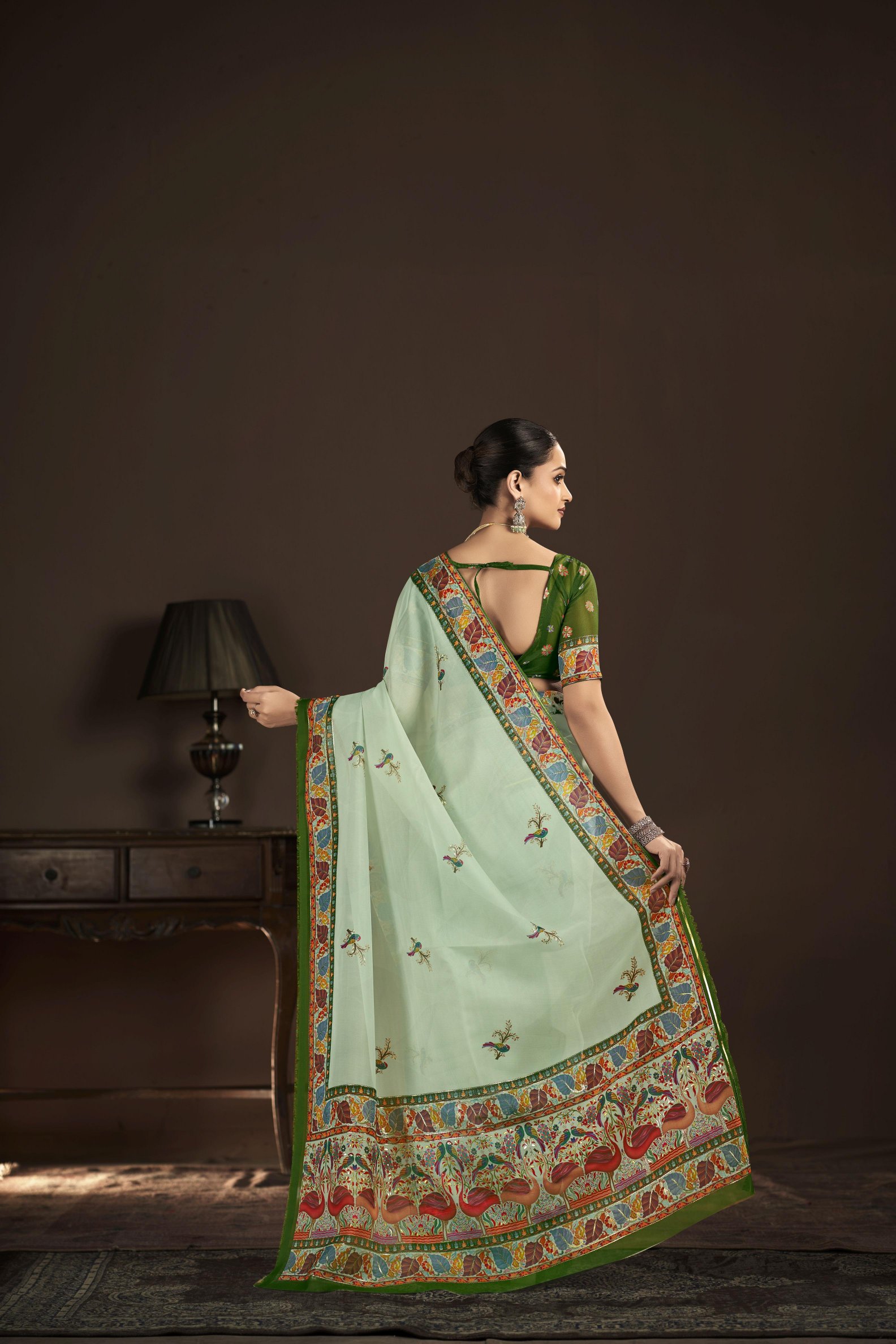 Pista Green Crepe Silk Foil Printed Saree — alternate view