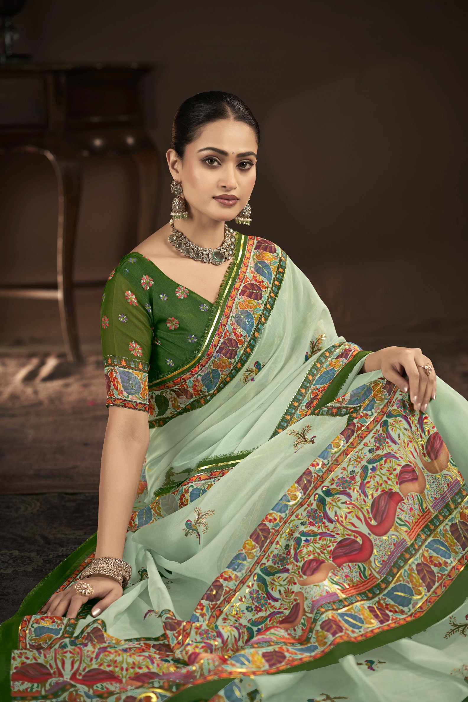Pista Green Crepe Silk Foil Printed Saree