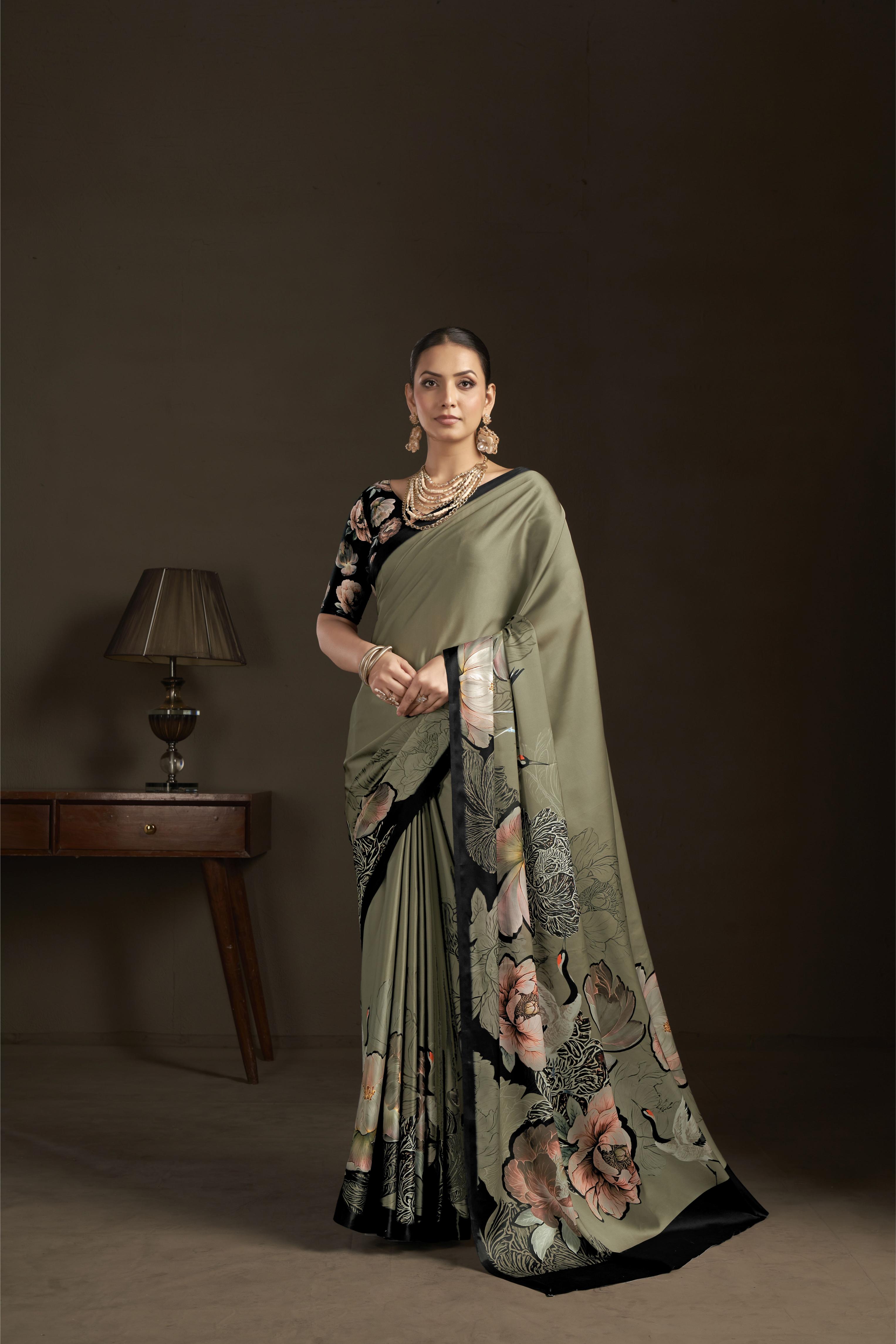 Pista Green Digital Printed Silk Crepe Ready-to-Wear Saree