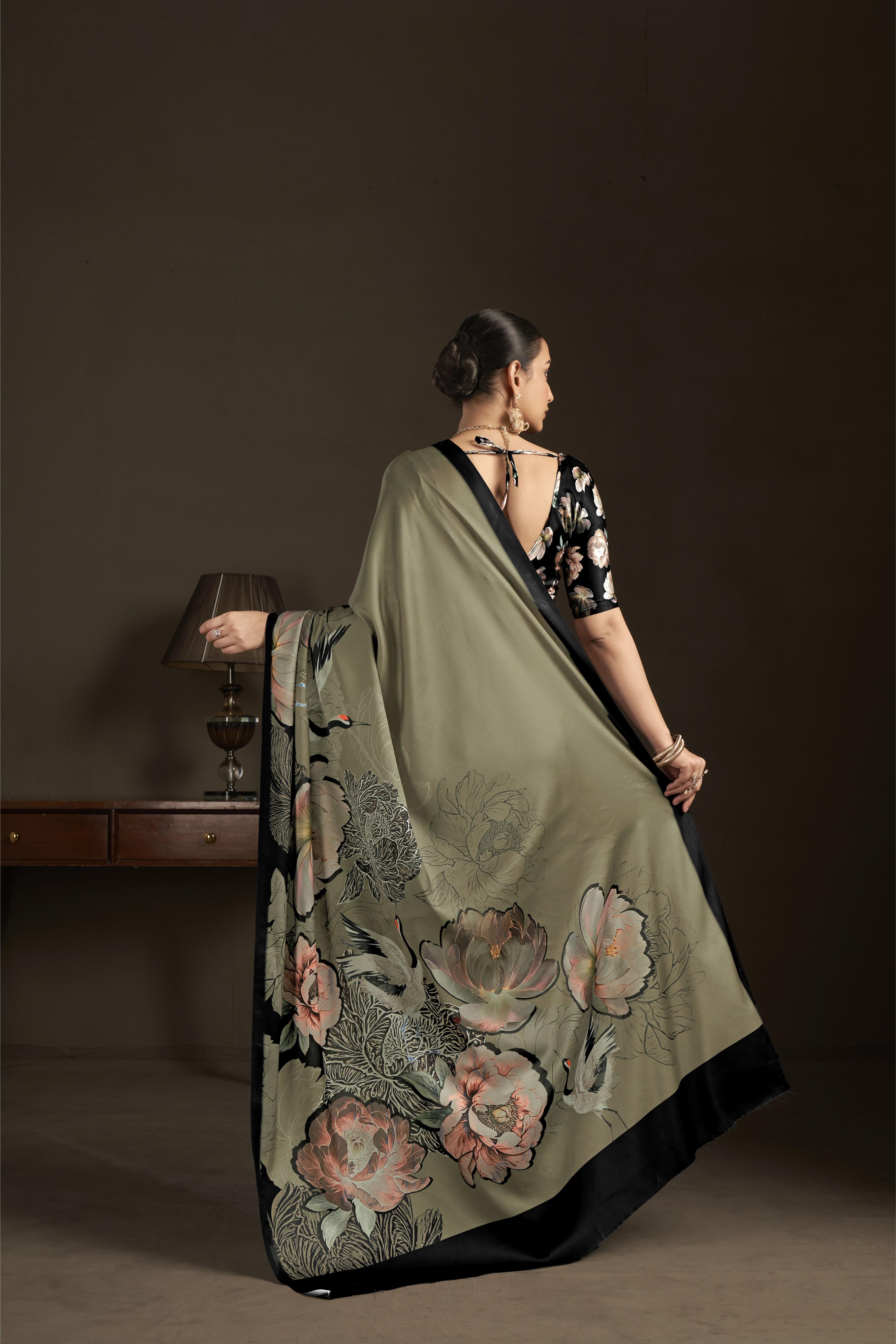 Pista Green Digital Printed Silk Crepe Ready-to-Wear Saree — alternate view