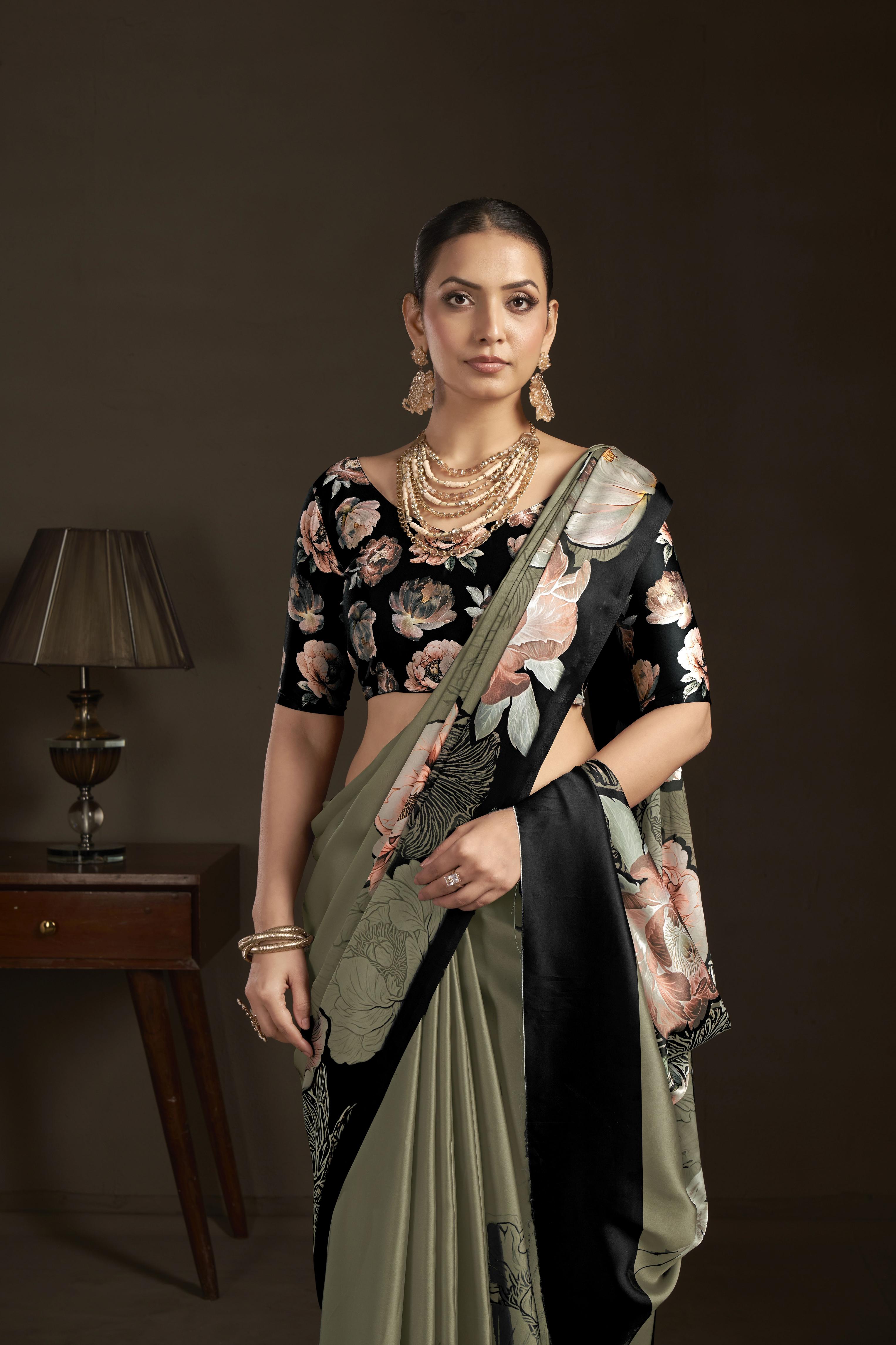 Pista Green Digital Printed Silk Crepe Ready-to-Wear Saree