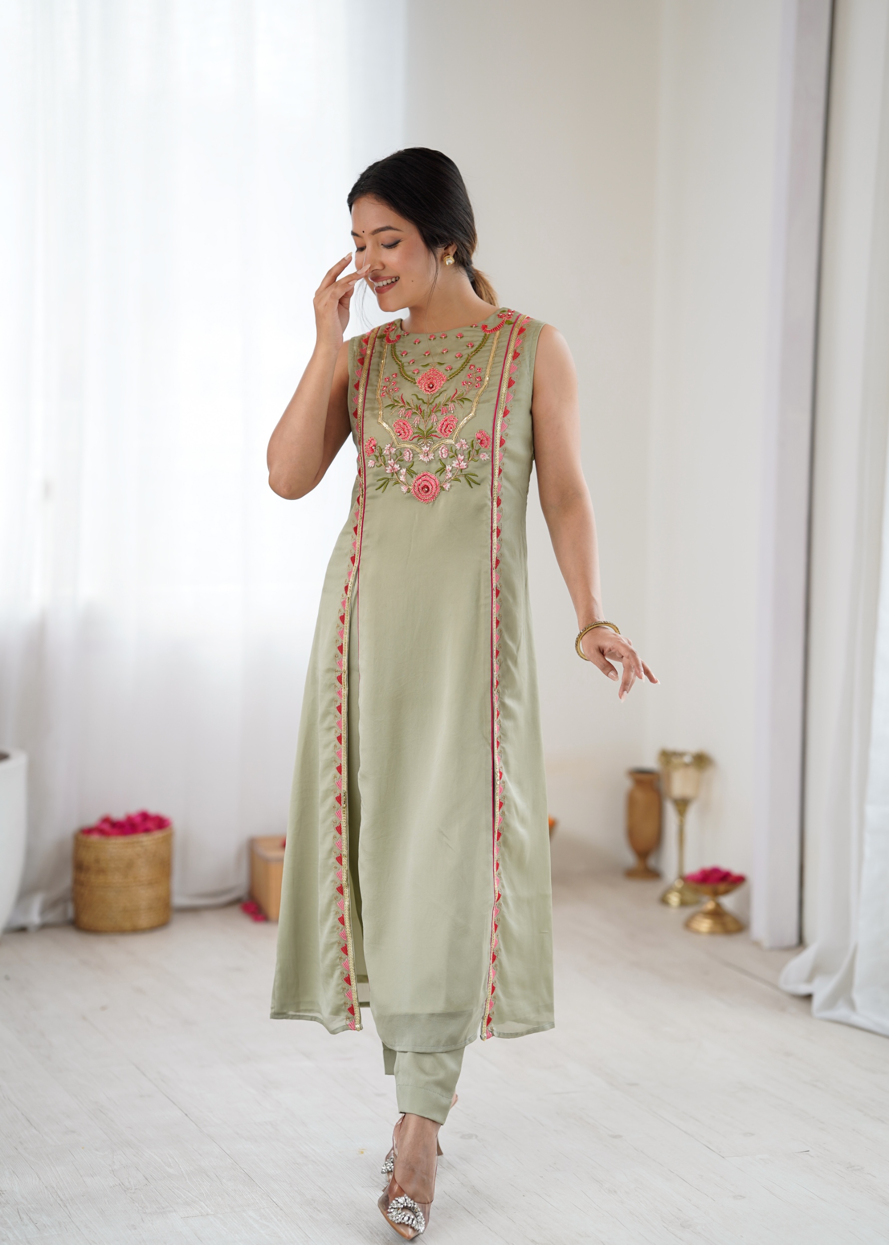 Pista Green Floral Embroidered Straight co-ord-sets