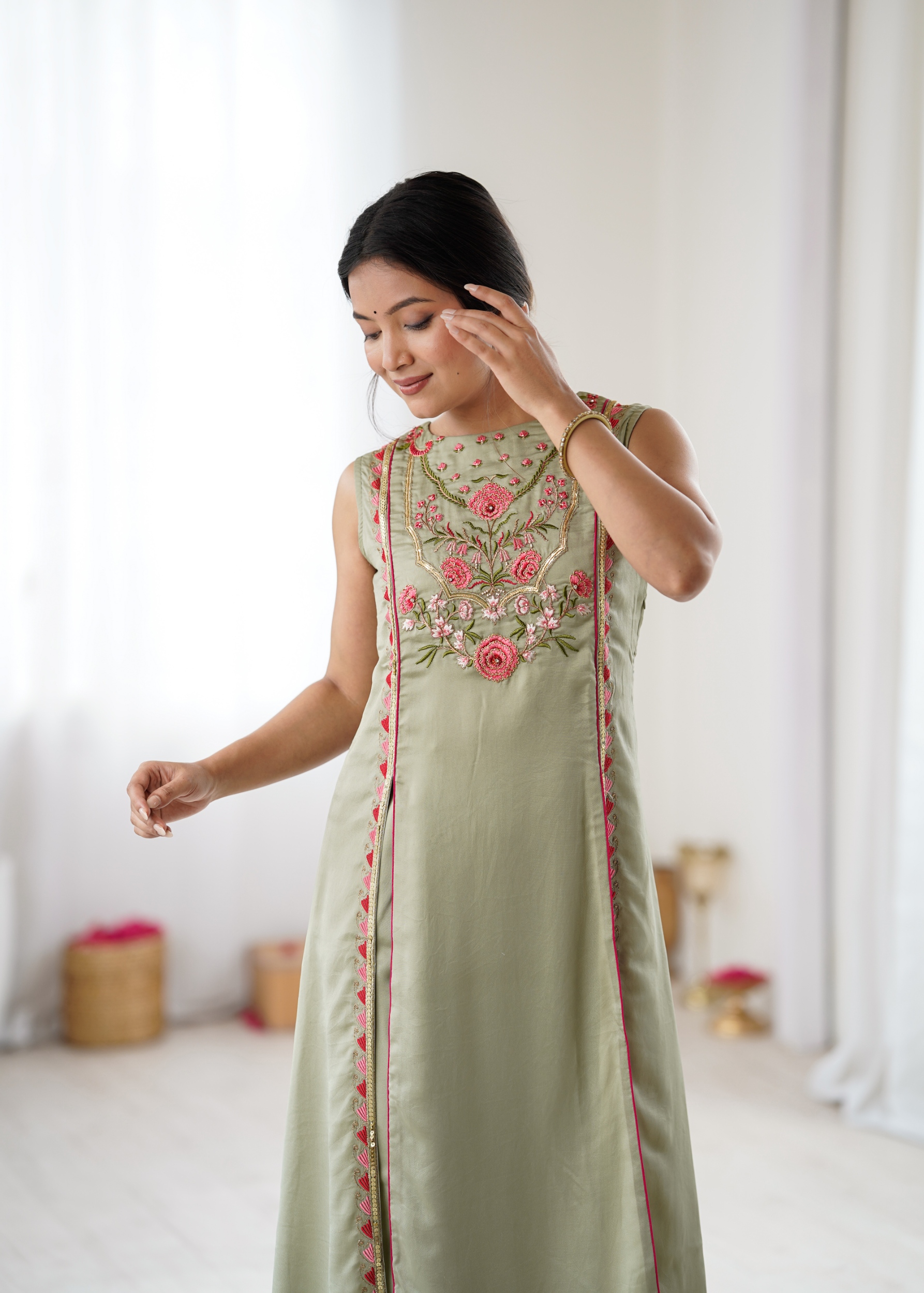 Pista Green Floral Embroidered Straight co-ord-sets