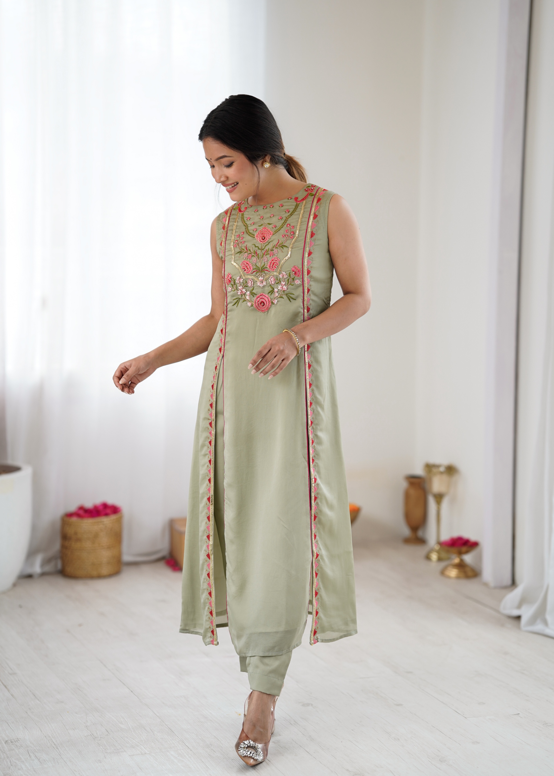 Pista Green Floral Embroidered Straight co-ord-sets