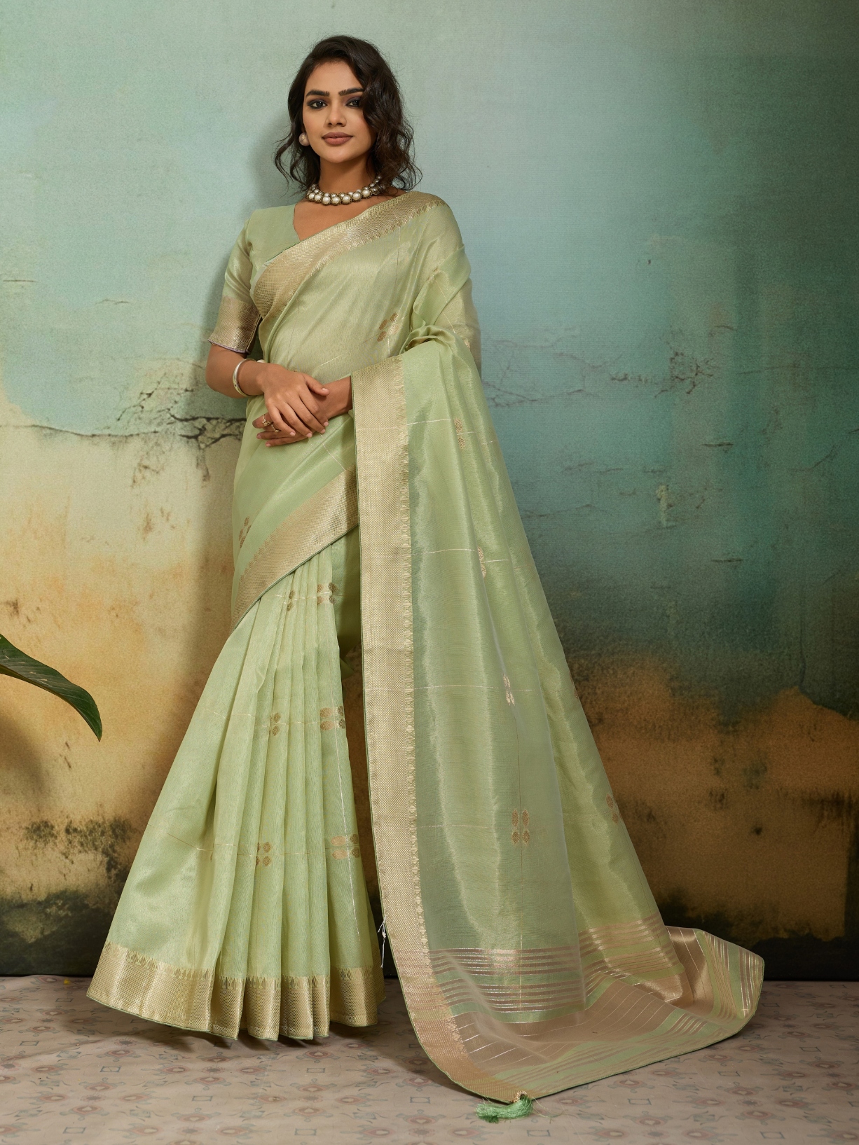 Pista Green Floral Zari Woven Tissue Linen Saree