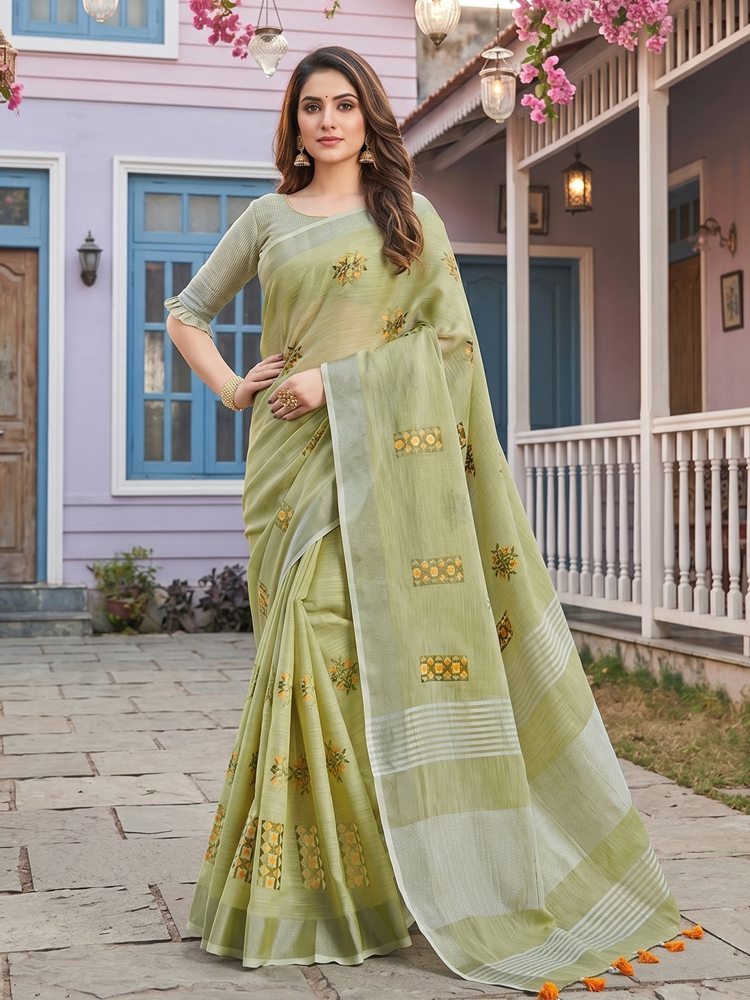 Pista Green Geometric Embroidery Linen Saree