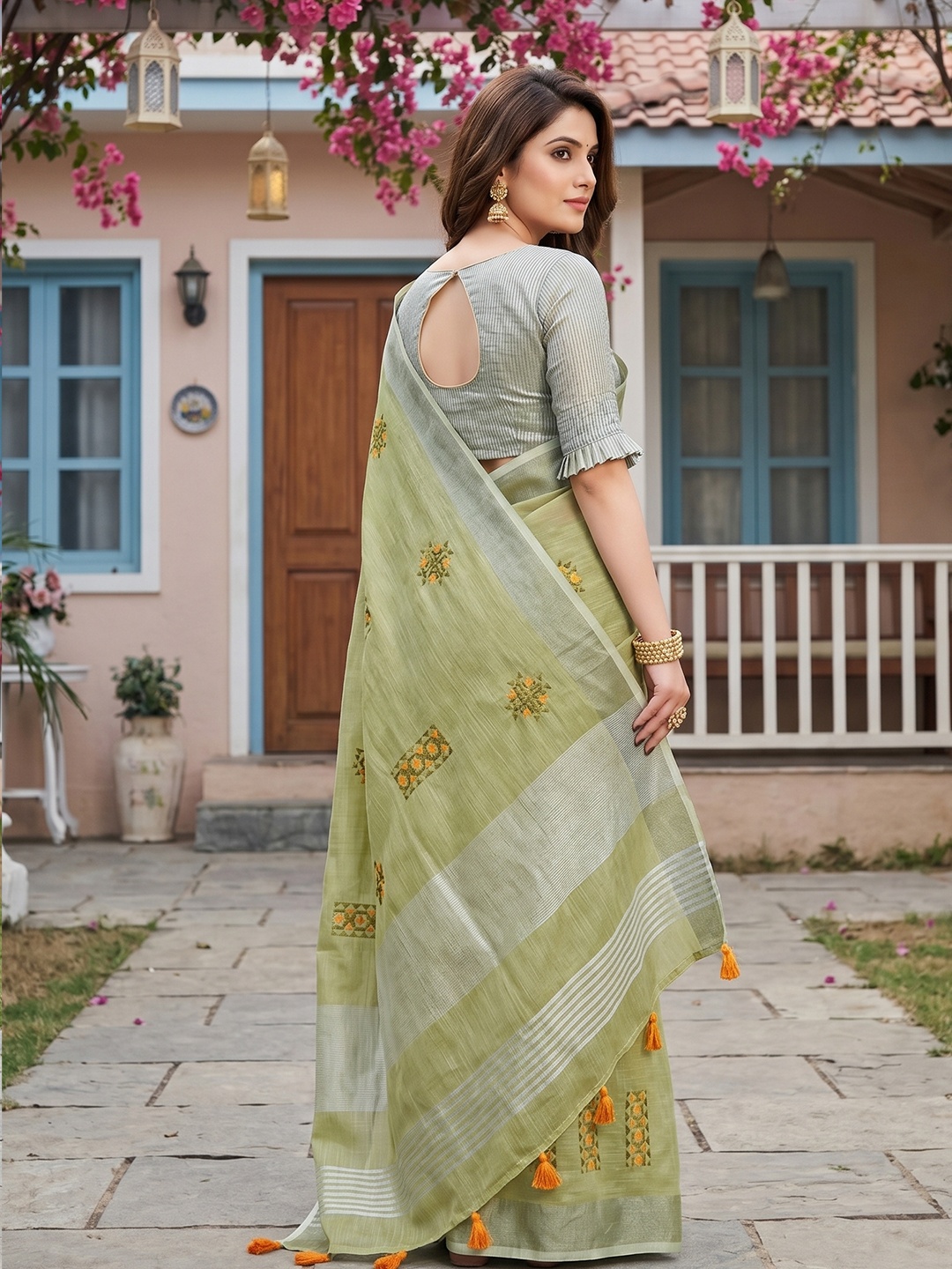 Pista Green Geometric Embroidery Linen Saree — alternate view