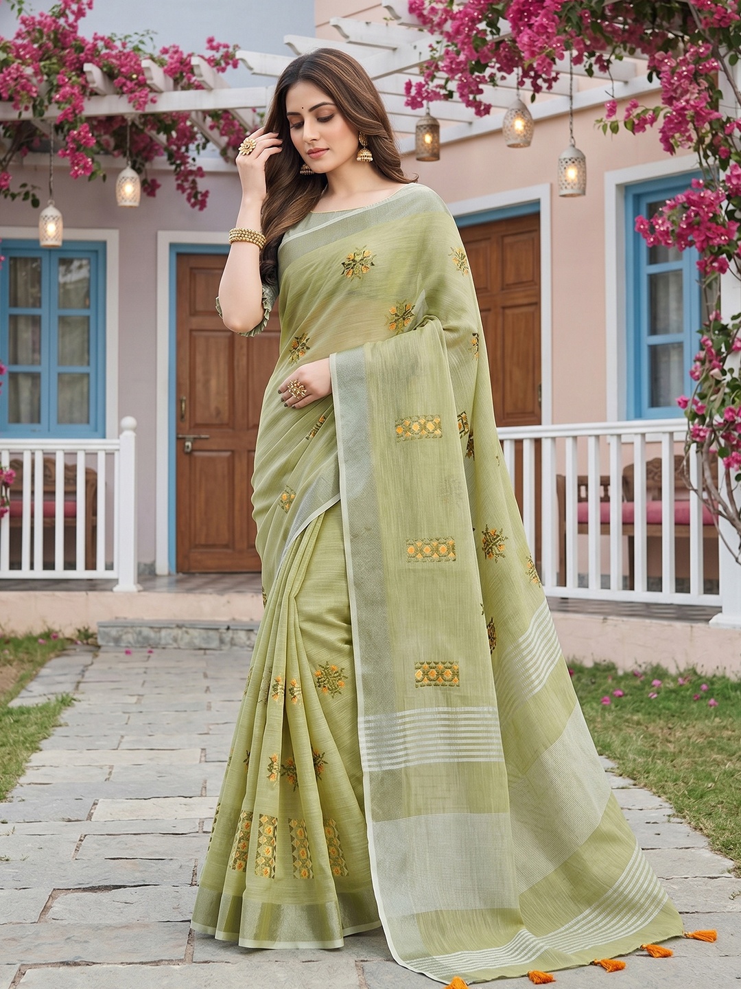 Pista Green Geometric Embroidery Linen Saree