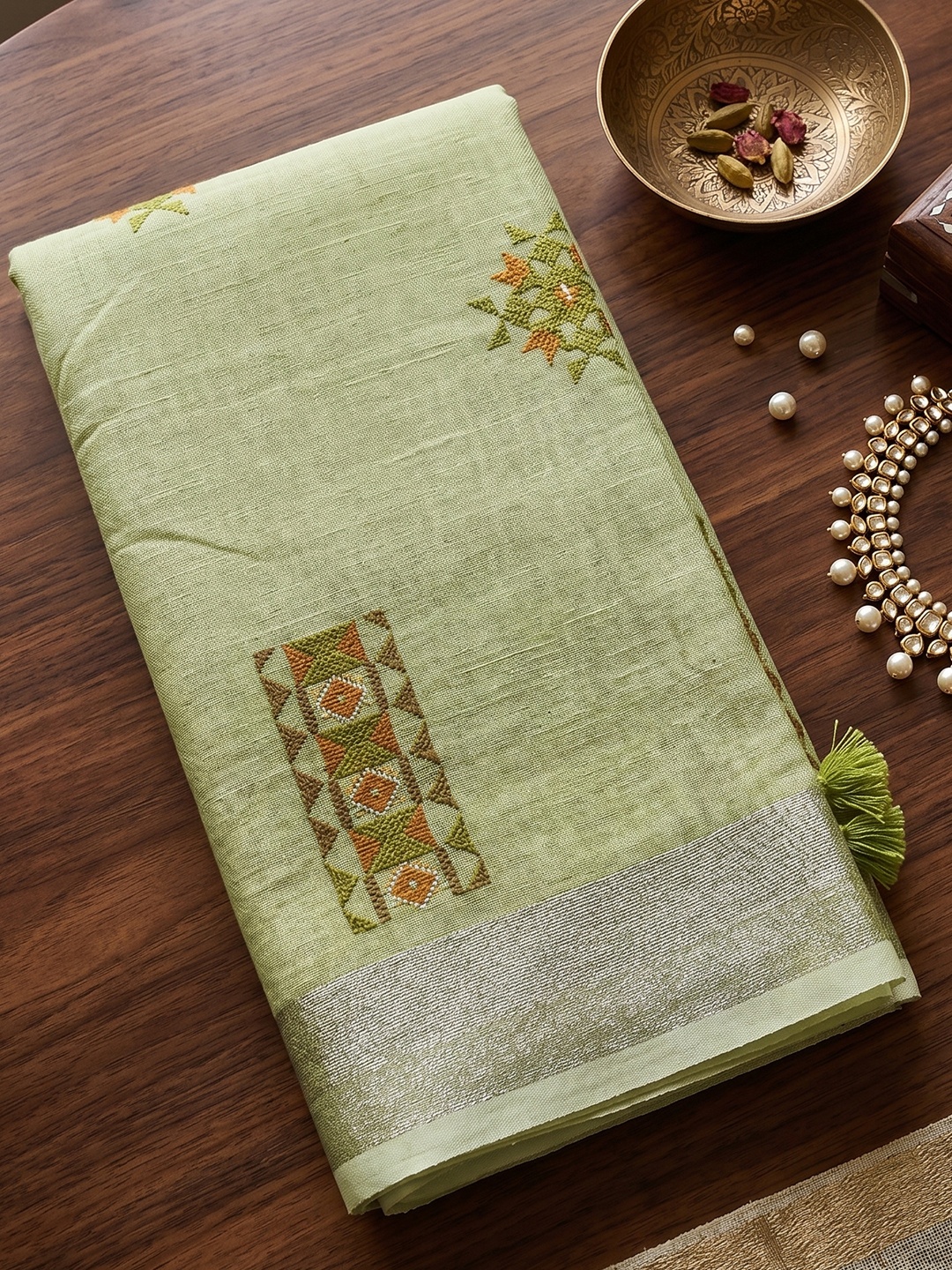 Pista Green Geometric Embroidery Linen Saree