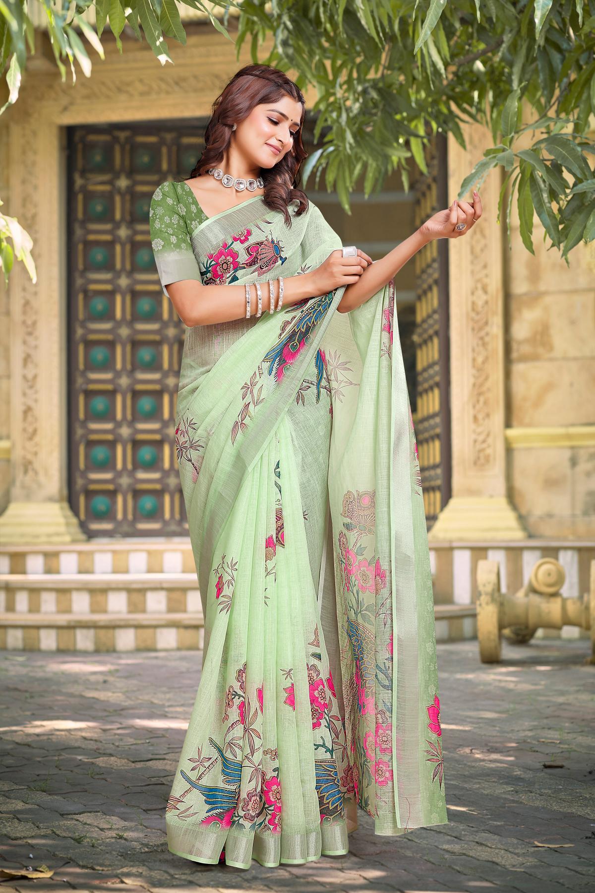 Pista Green Linen Cotton Saree