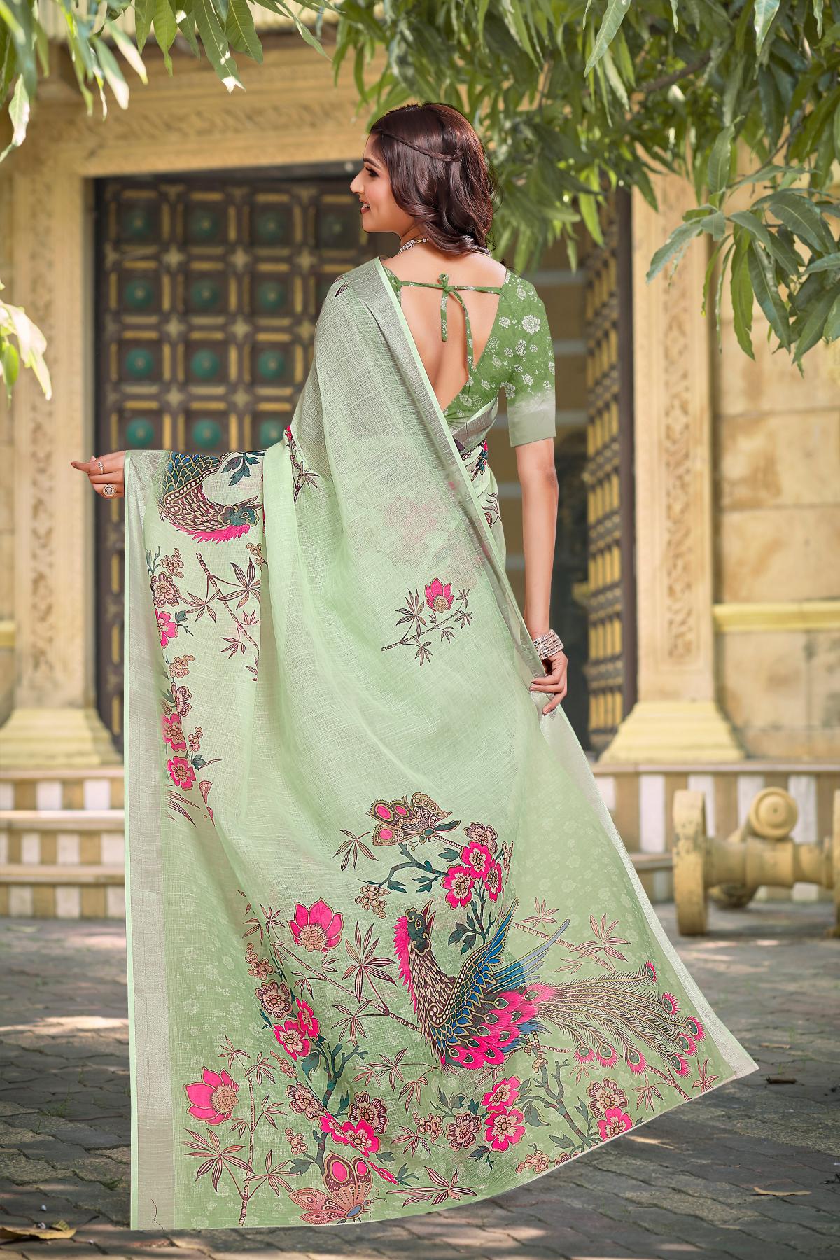 Pista Green Linen Cotton Saree — alternate view