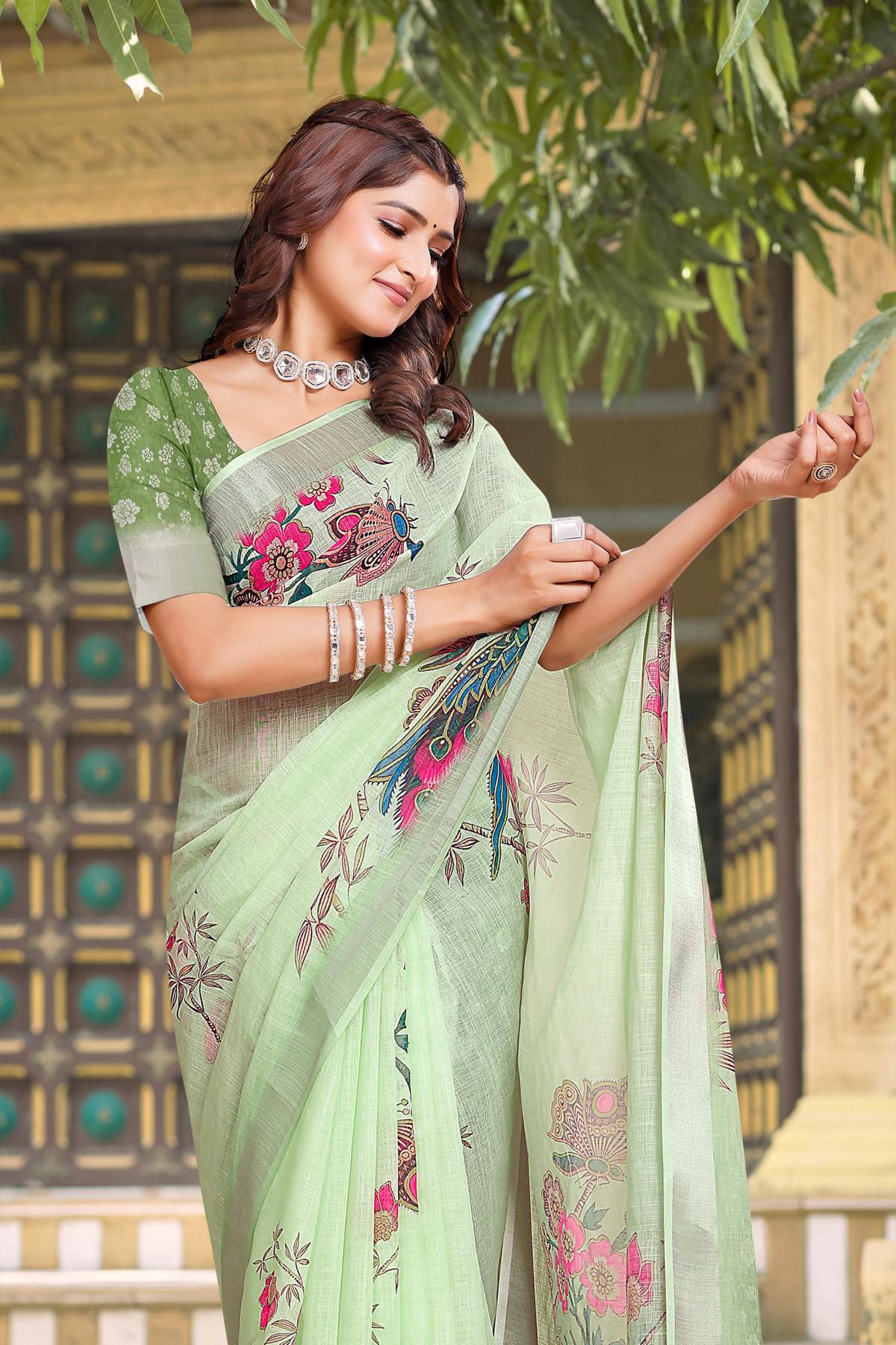 Pista Green Linen Cotton Saree