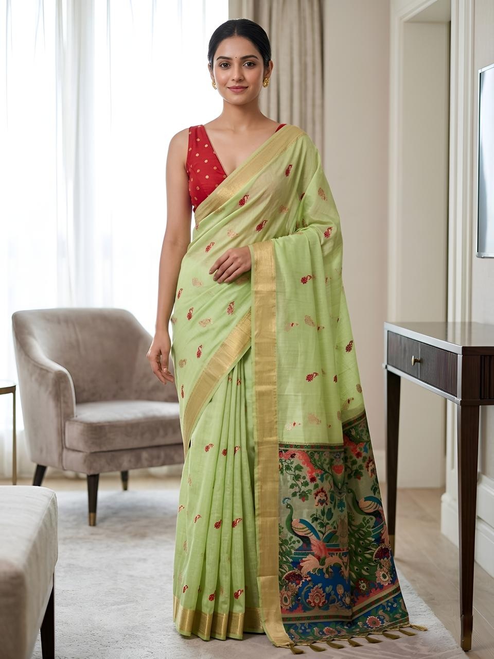 Pista Green Peacock Motif Cotton Saree