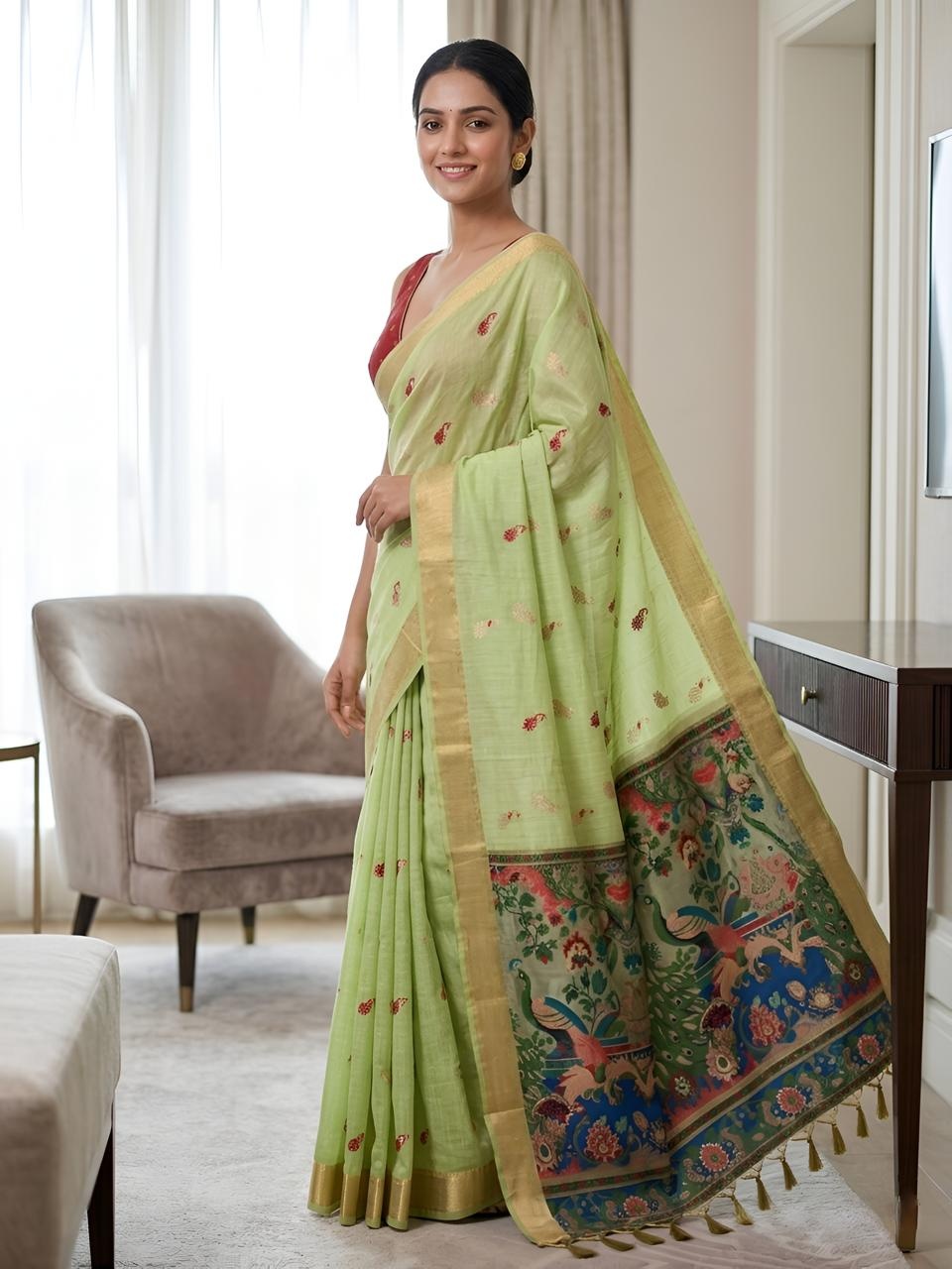 Pista Green Peacock Motif Cotton Saree