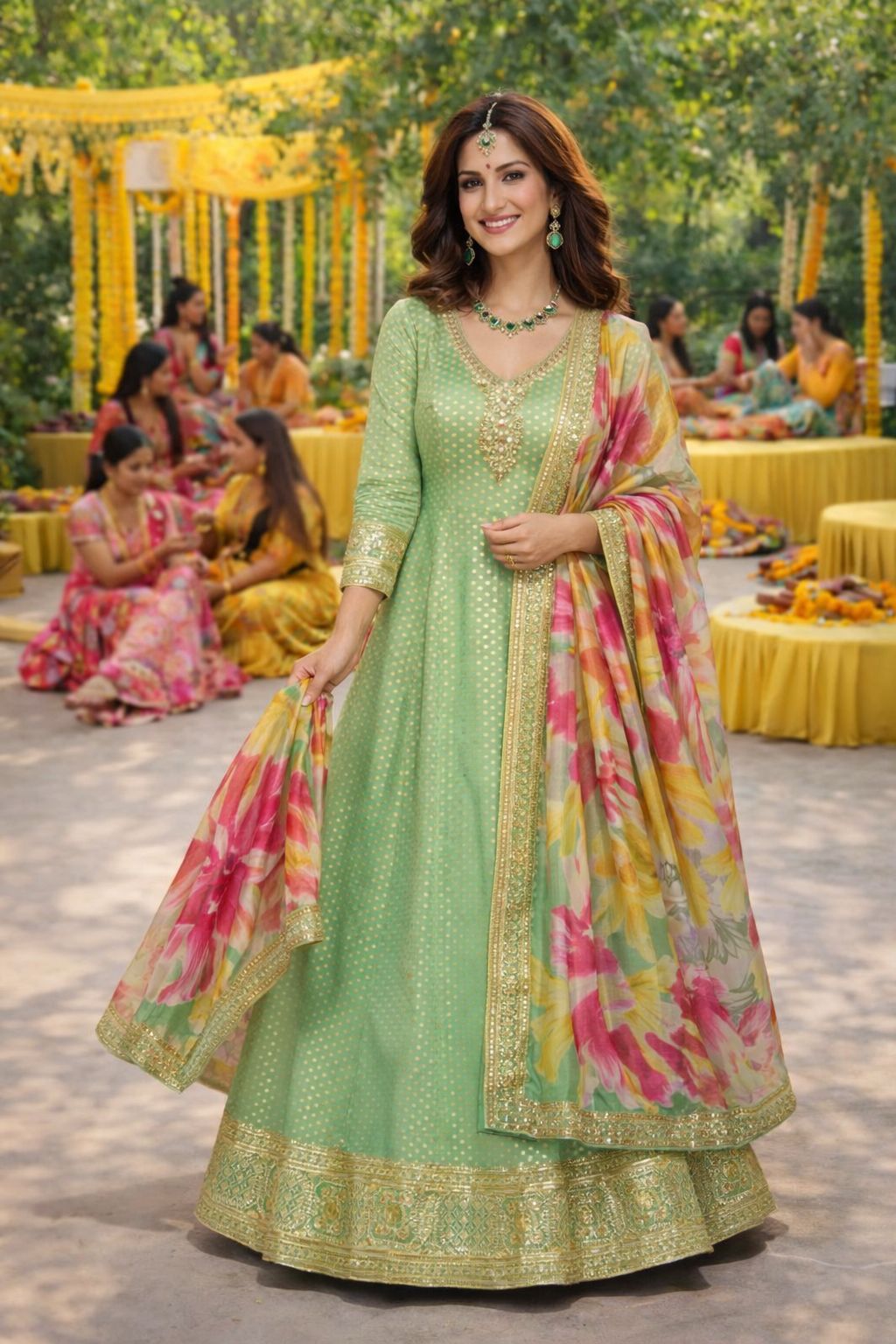 Pista Green Viscose Jacquard Printed Embroidered Anarkali Suit