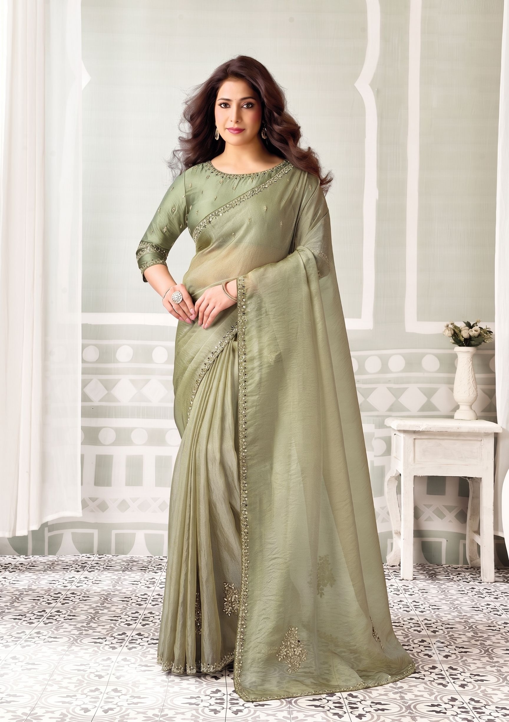 Pista Green Zari Organza Satin Embroidered Saree