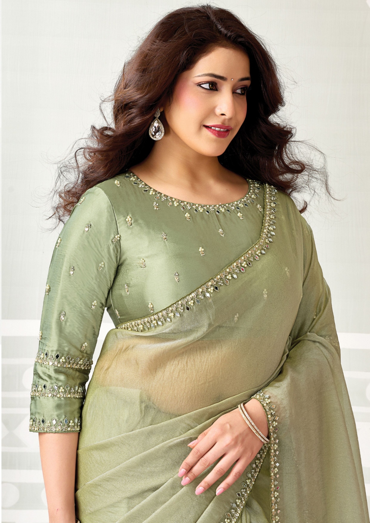 Pista Green Zari Organza Satin Embroidered Saree — alternate view