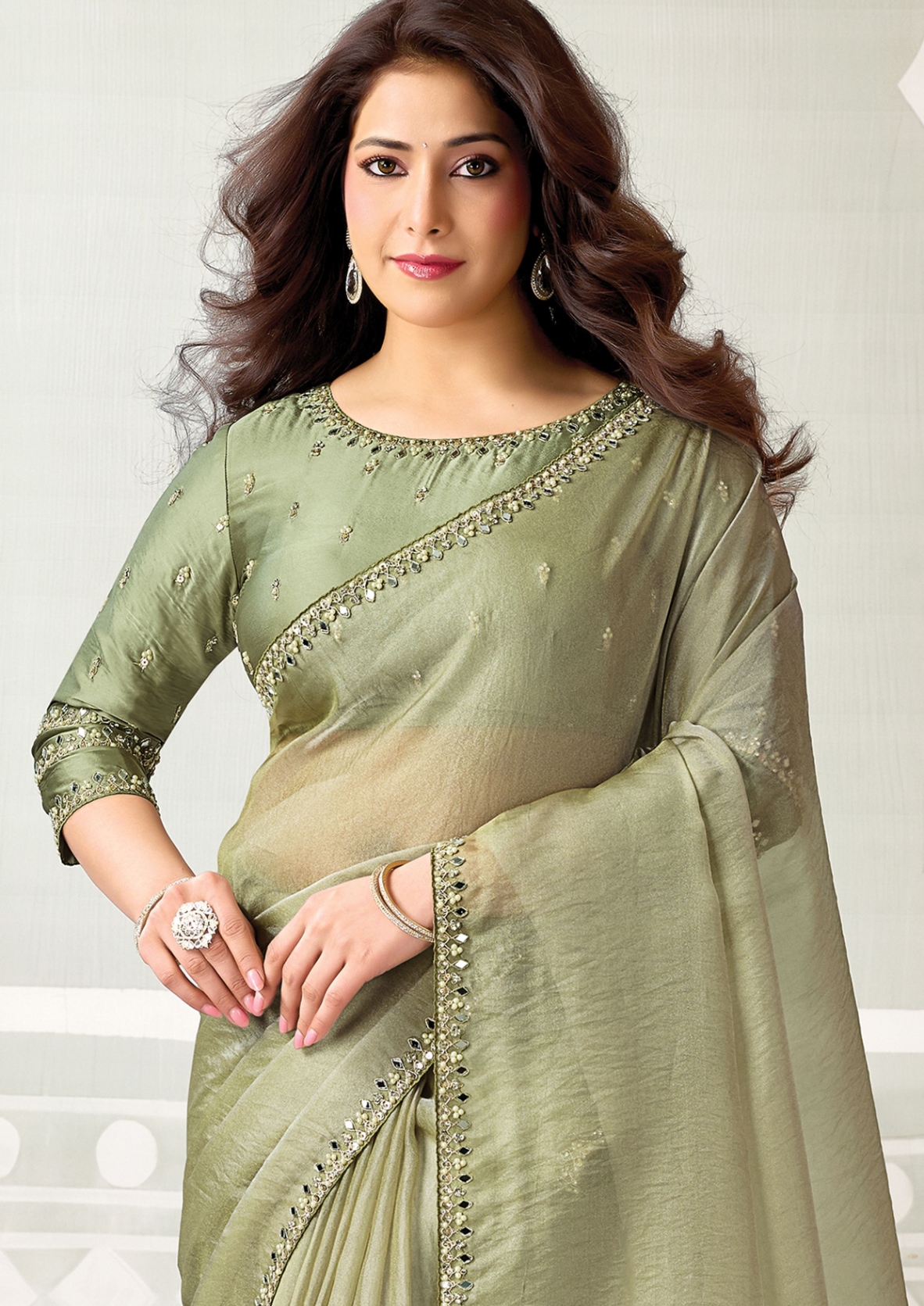 Pista Green Zari Organza Satin Embroidered Saree