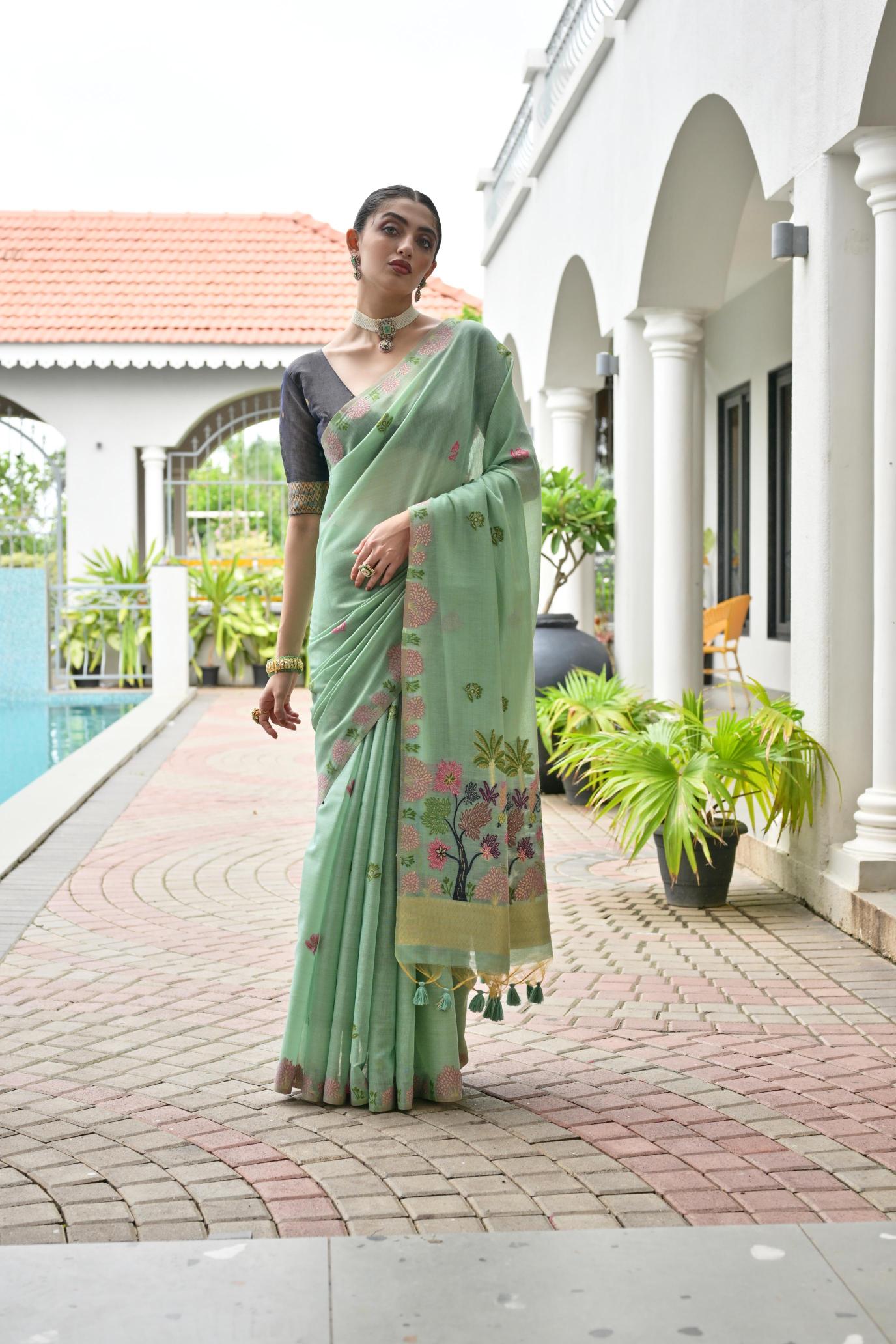 Pista Grey Chanderi Cotton Floral Saree