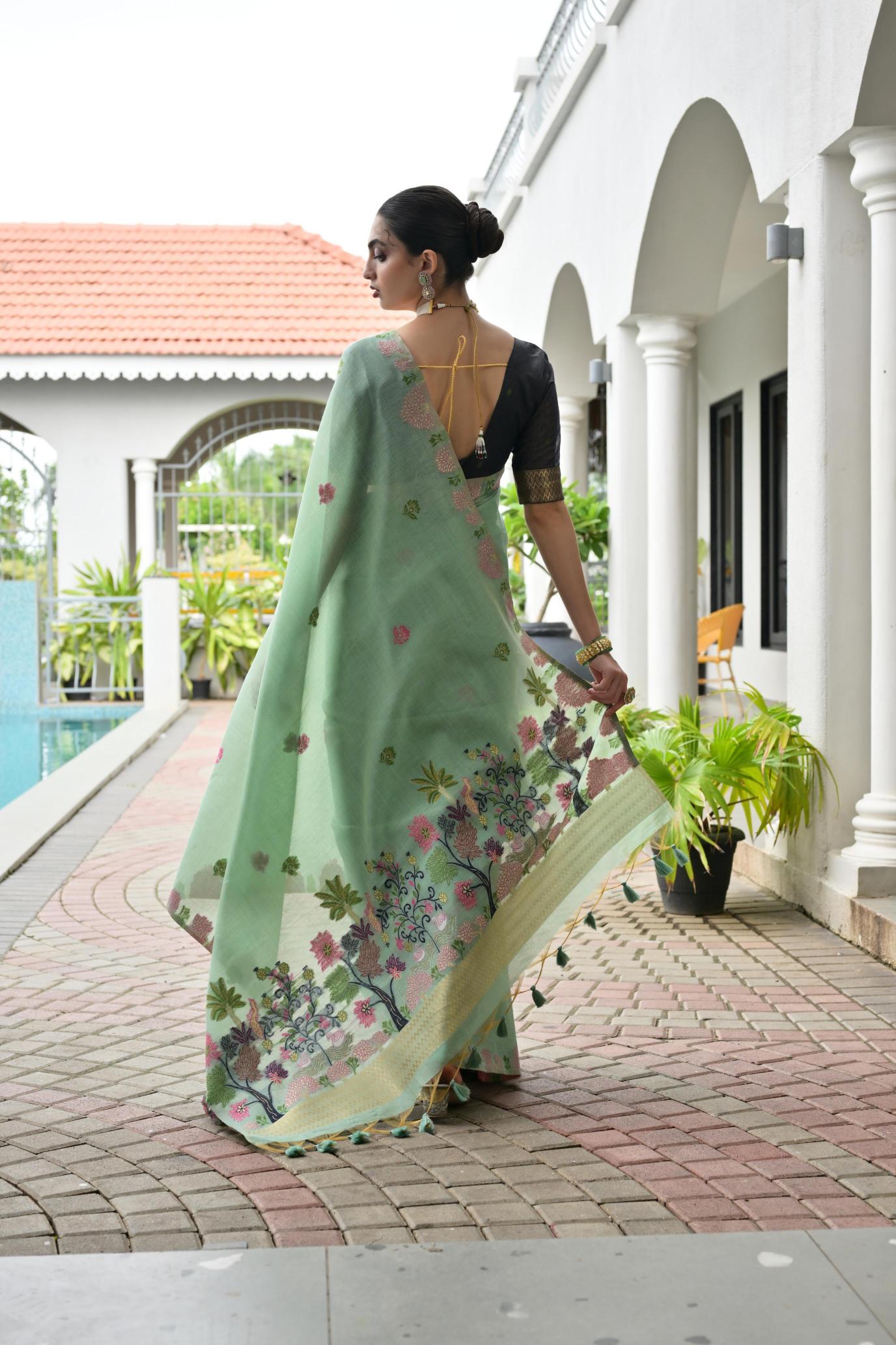 Pista Grey Chanderi Cotton Floral Saree — alternate view