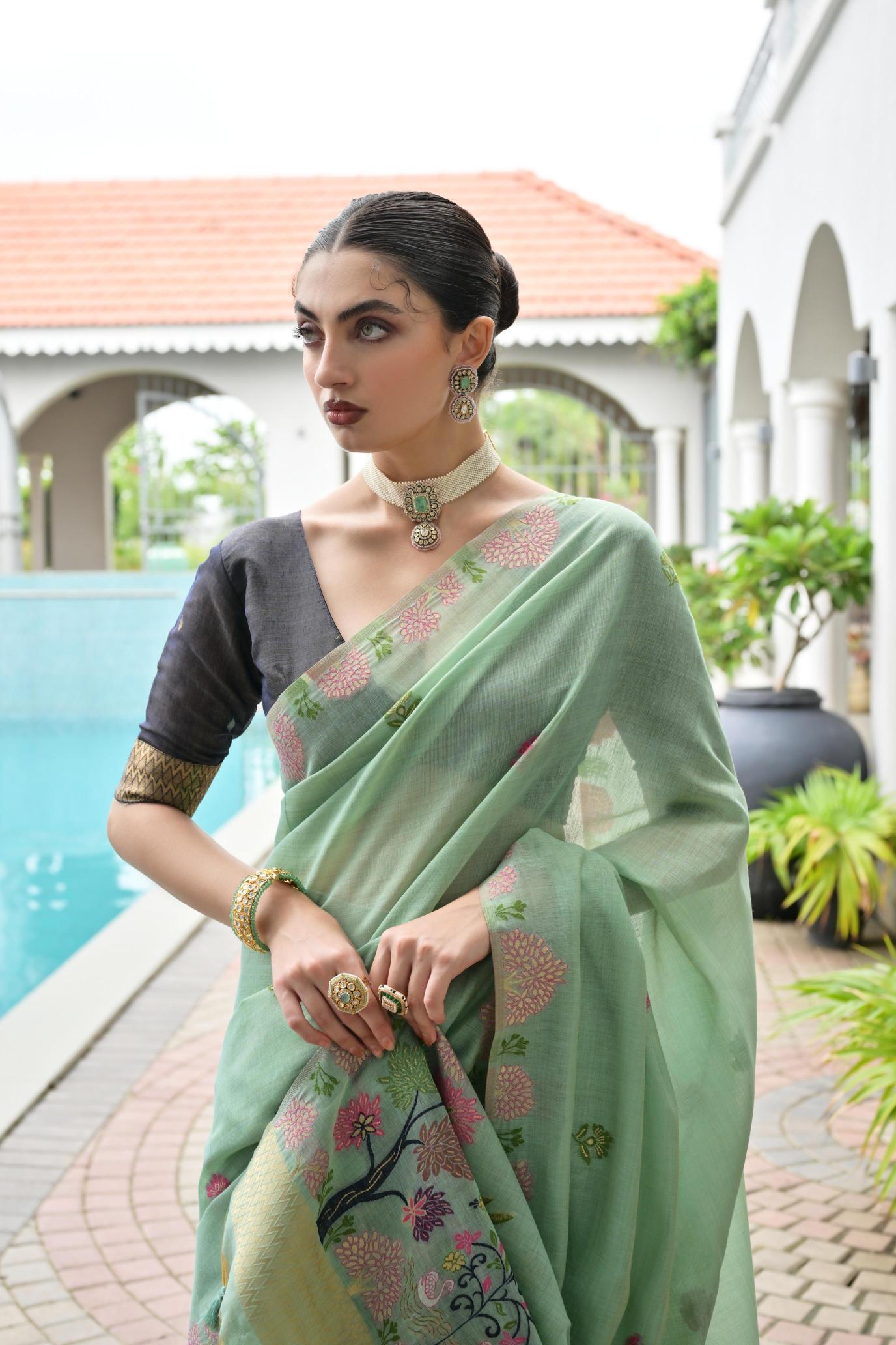 Pista Grey Chanderi Cotton Floral Saree