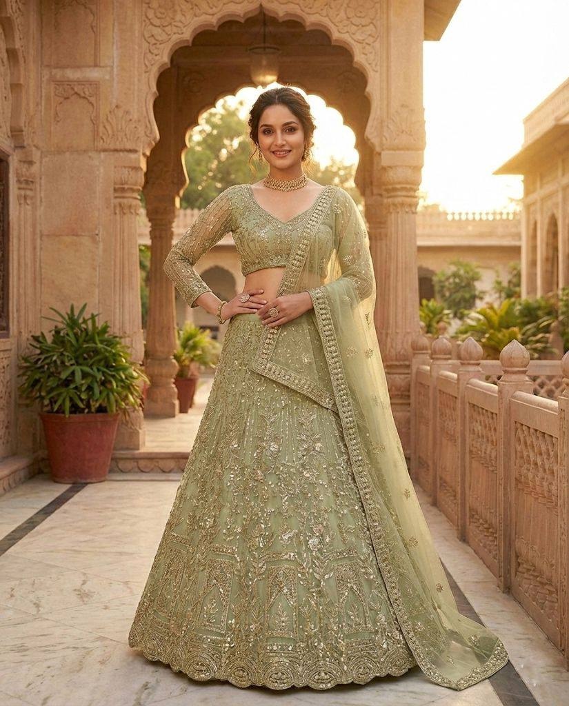Pista Heritage Motif Sequins Soft Net Lehenga Choli