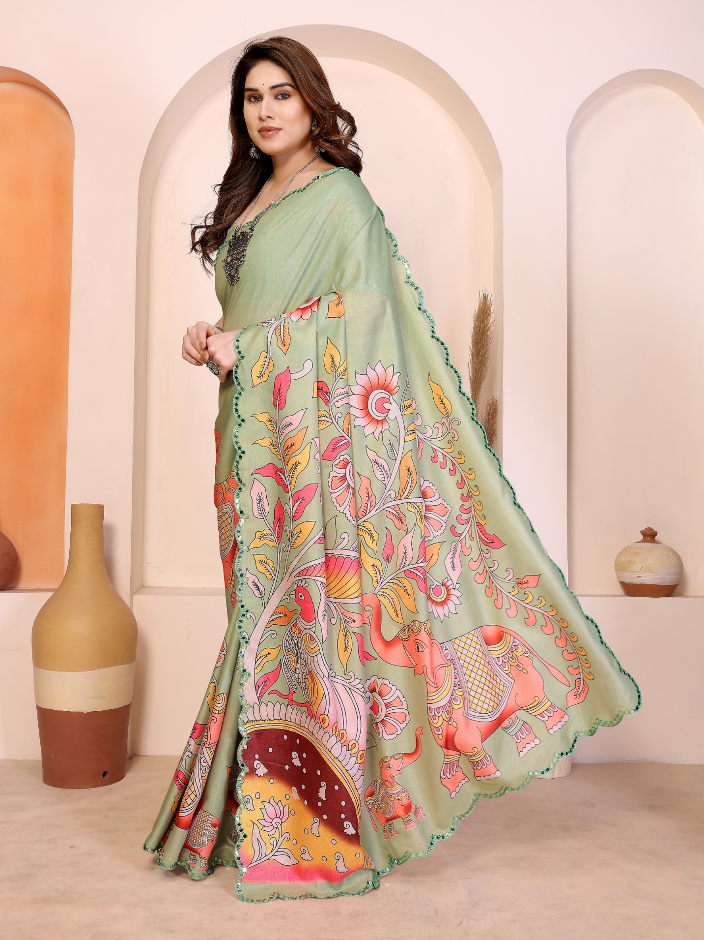 Pista Kalamkari Digital Print Manipuri Silk Party Wear Saree