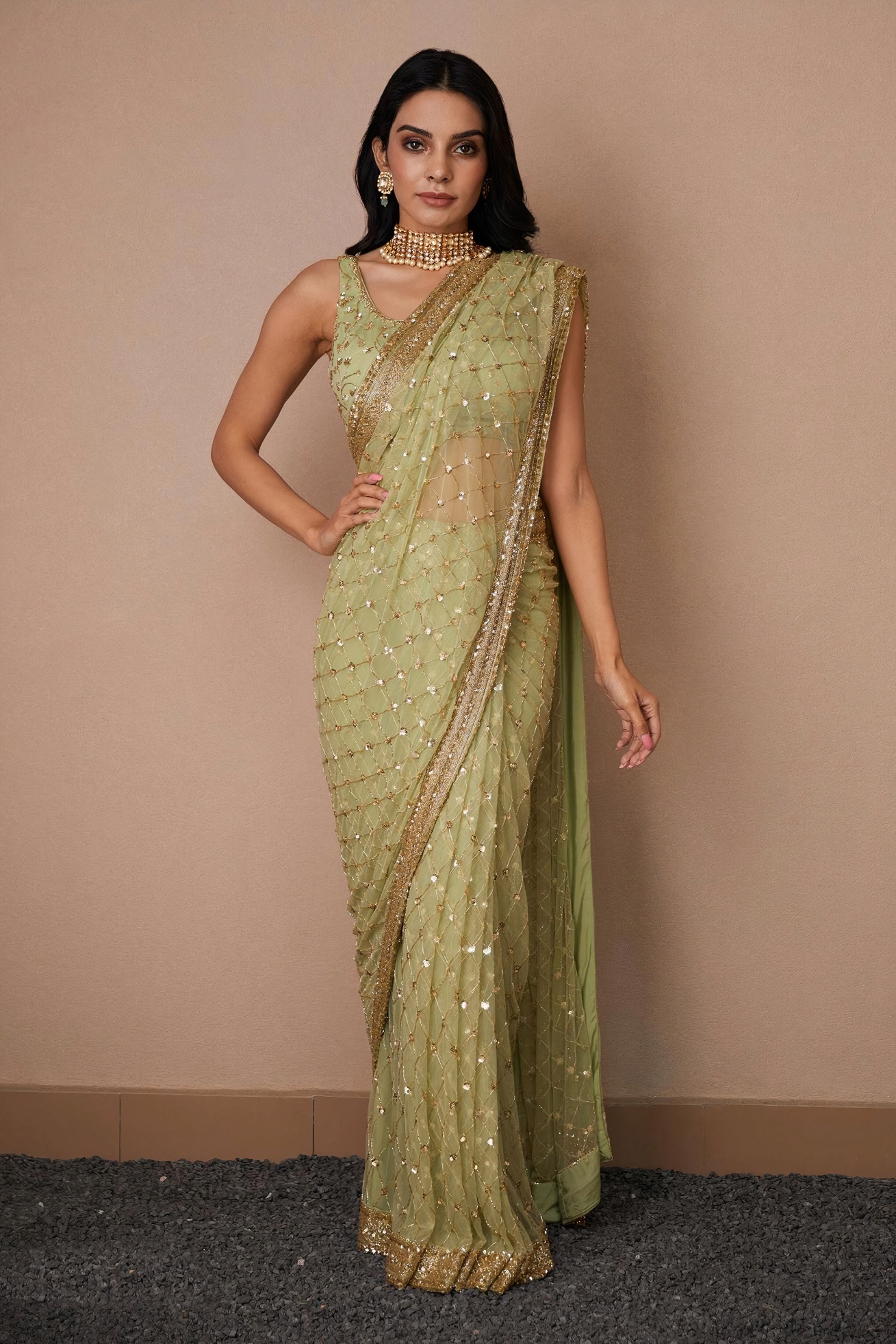Pista Lattice Sequin Net Saree