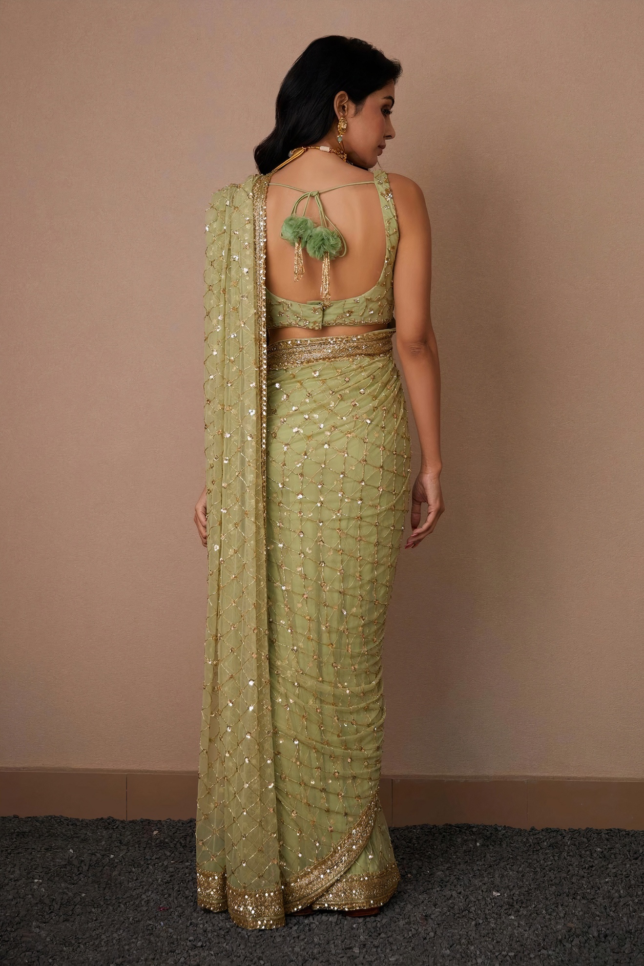 Pista Lattice Sequin Net Saree — alternate view