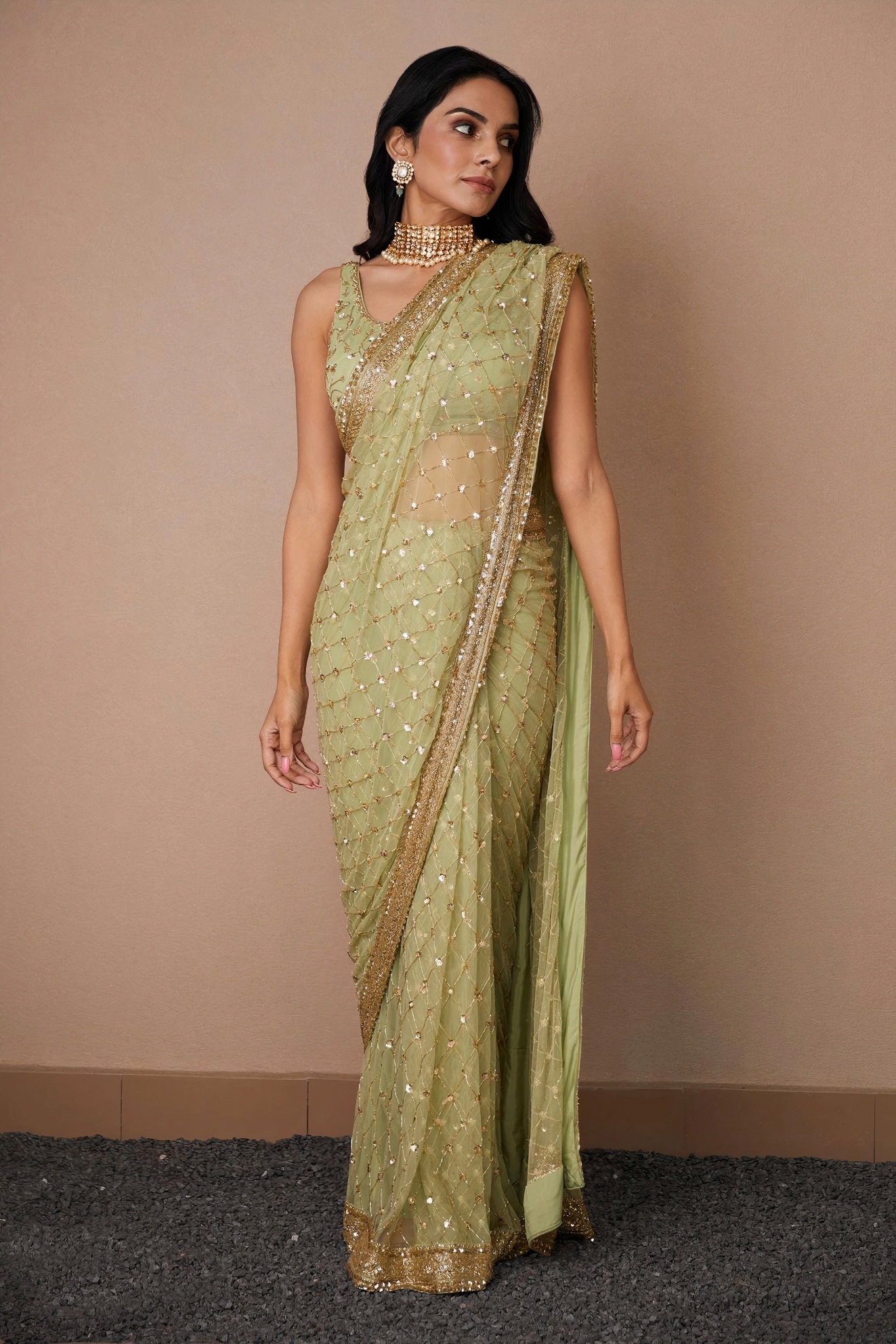 Pista Lattice Sequin Net Saree
