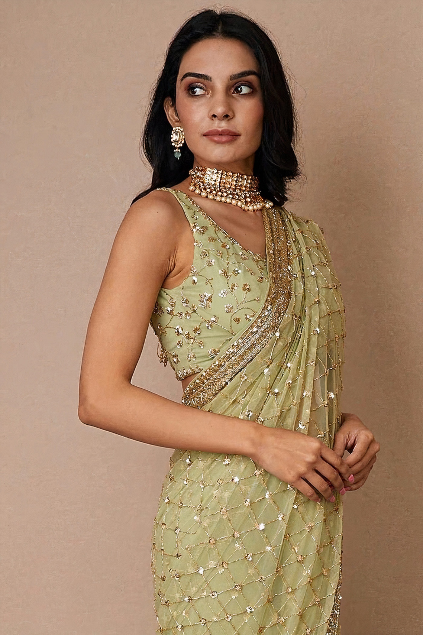 Pista Lattice Sequin Net Saree