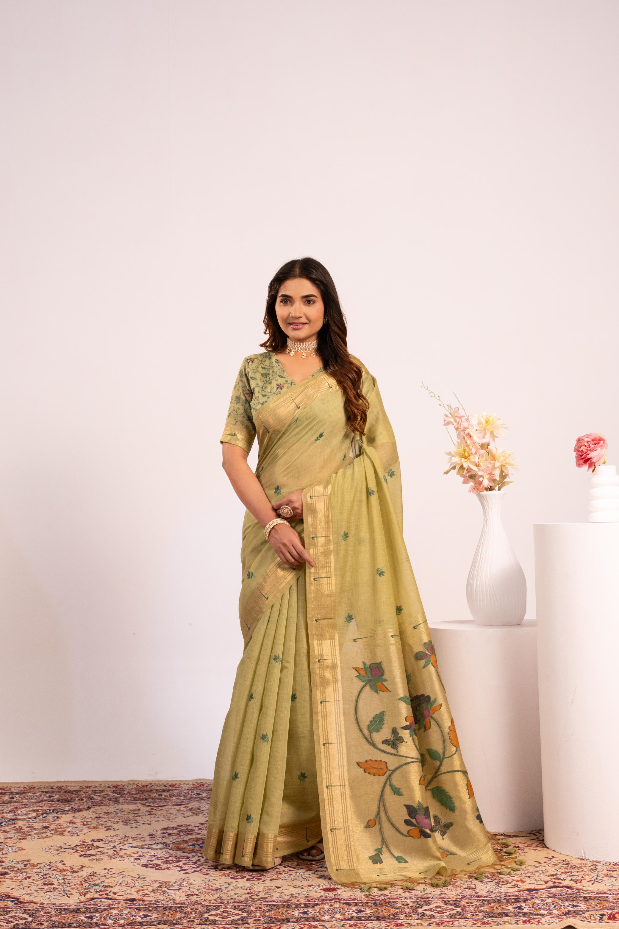 Pista Muga Cotton Designer Saree