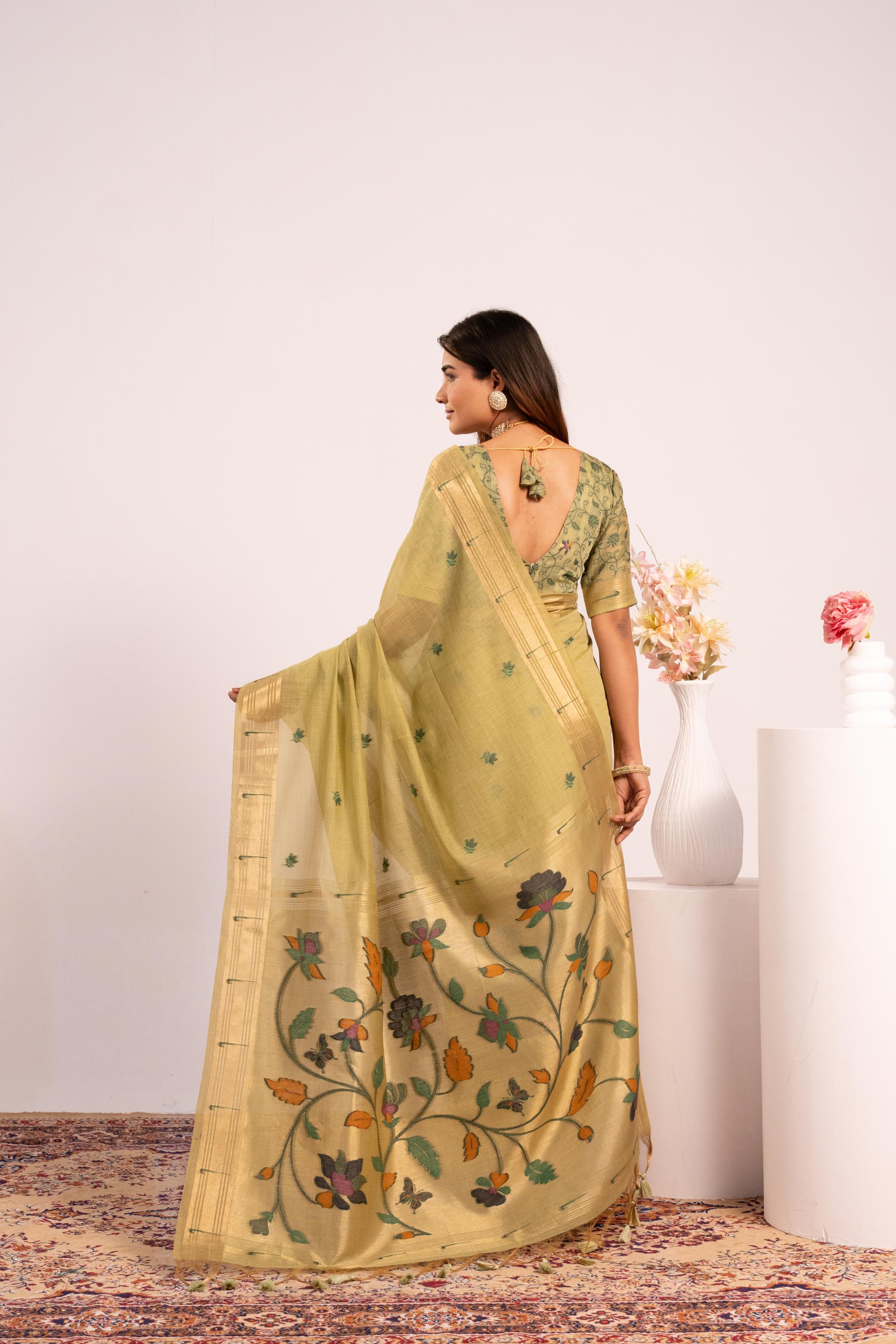 Pista Muga Cotton Designer Saree — alternate view