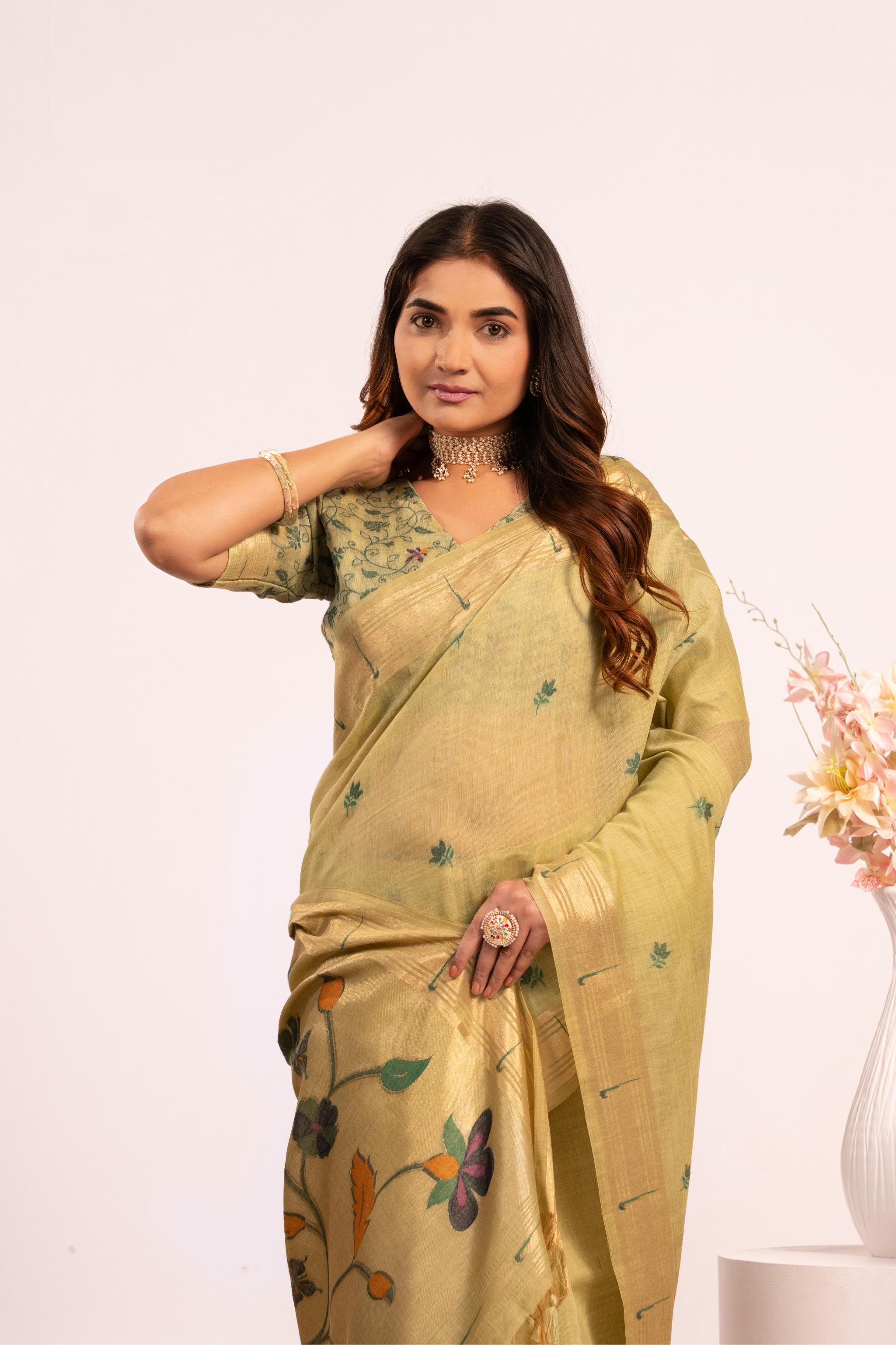 Pista Muga Cotton Designer Saree