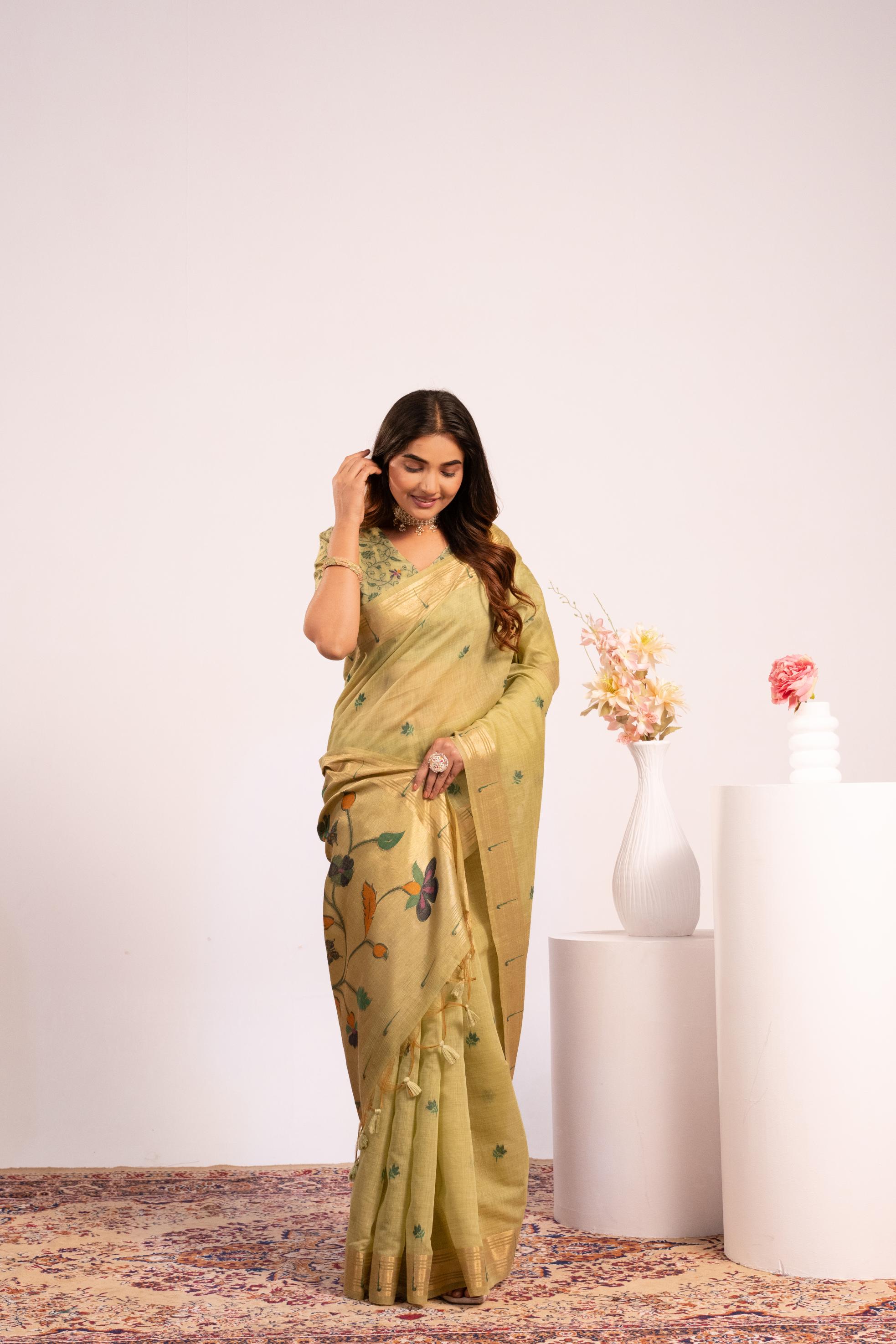 Pista Muga Cotton Designer Saree