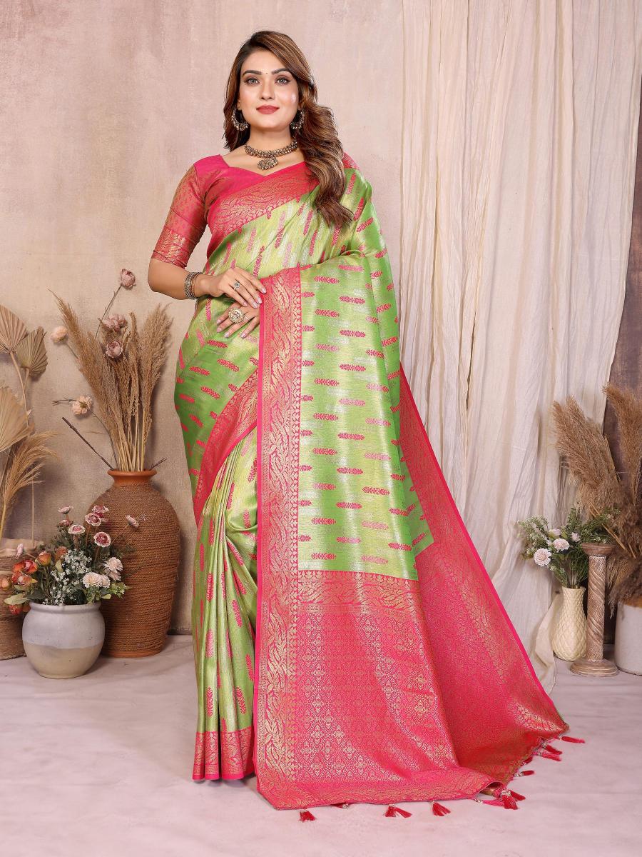 Pista N Pink Banarasi Tissue Silk Saree