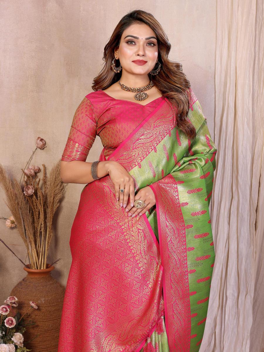 Pista N Pink Banarasi Tissue Silk Saree