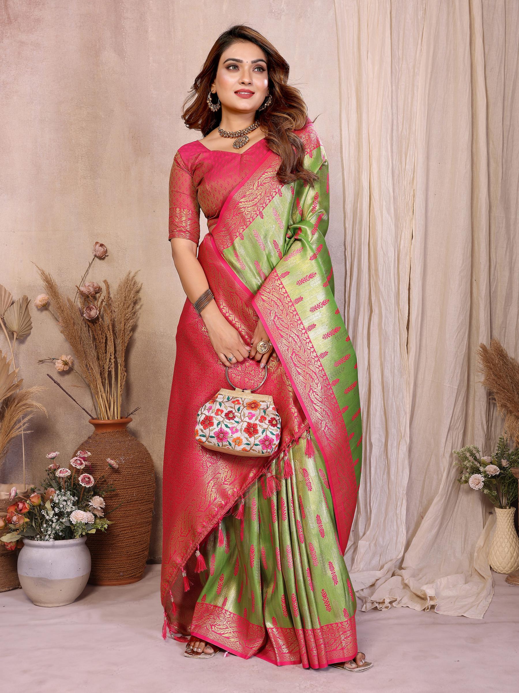 Pista N Pink Banarasi Tissue Silk Saree