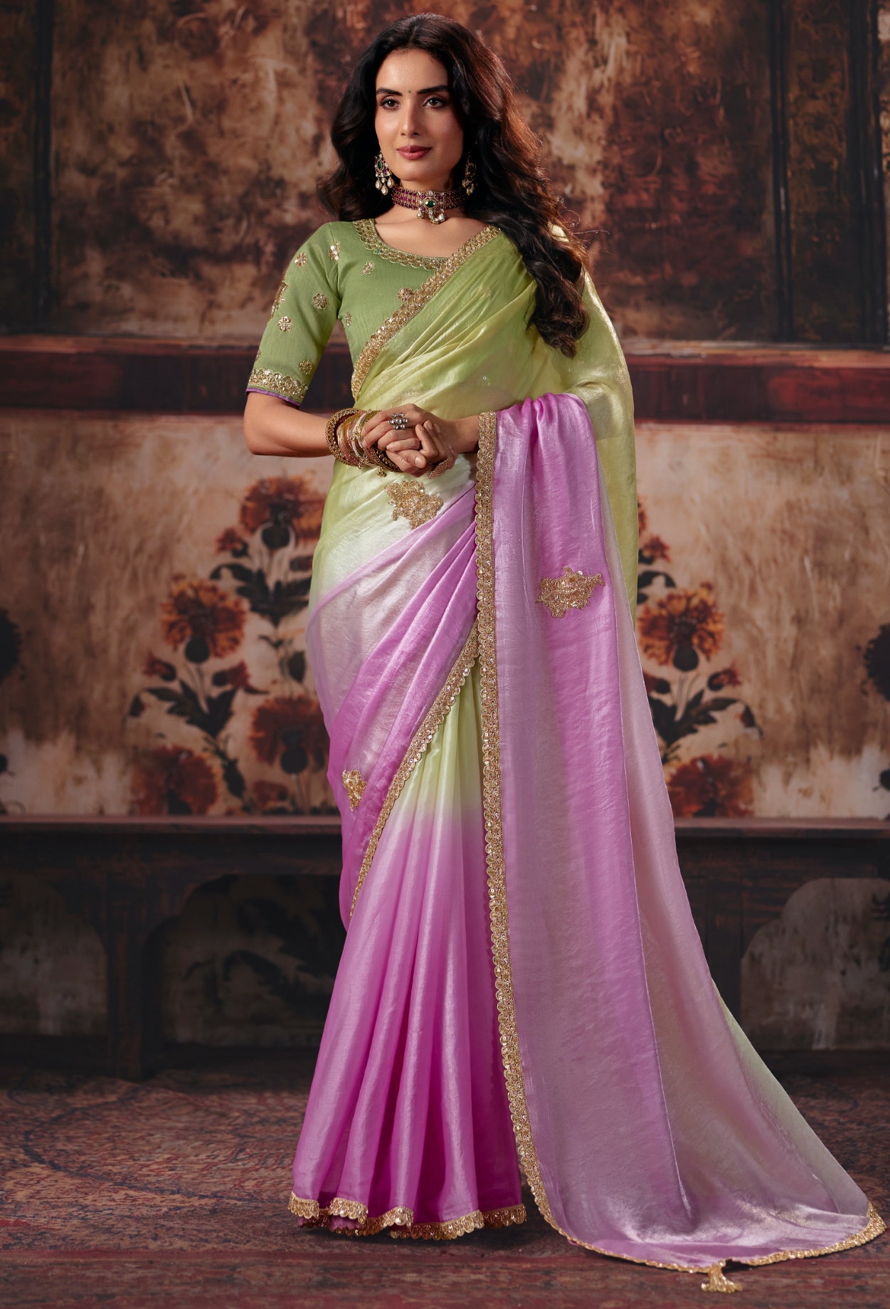 Pista N Pink Hand Work Fendy Satin Saree