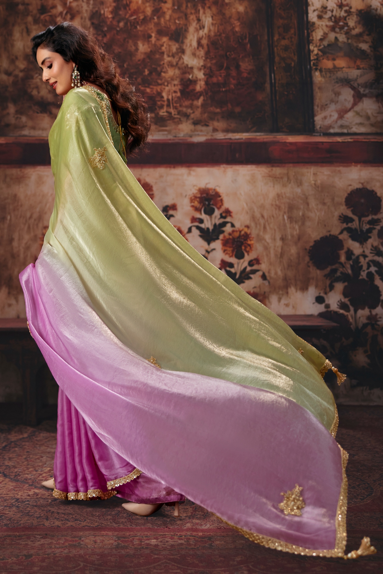 Pista N Pink Hand Work Fendy Satin Saree — alternate view