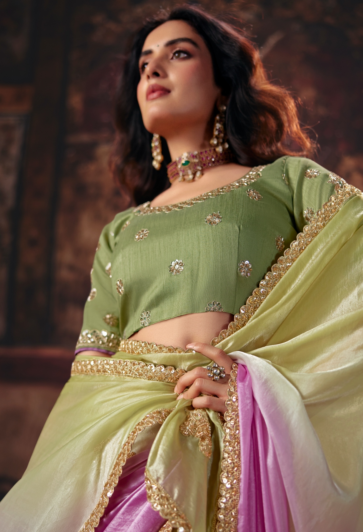 Pista N Pink Hand Work Fendy Satin Saree