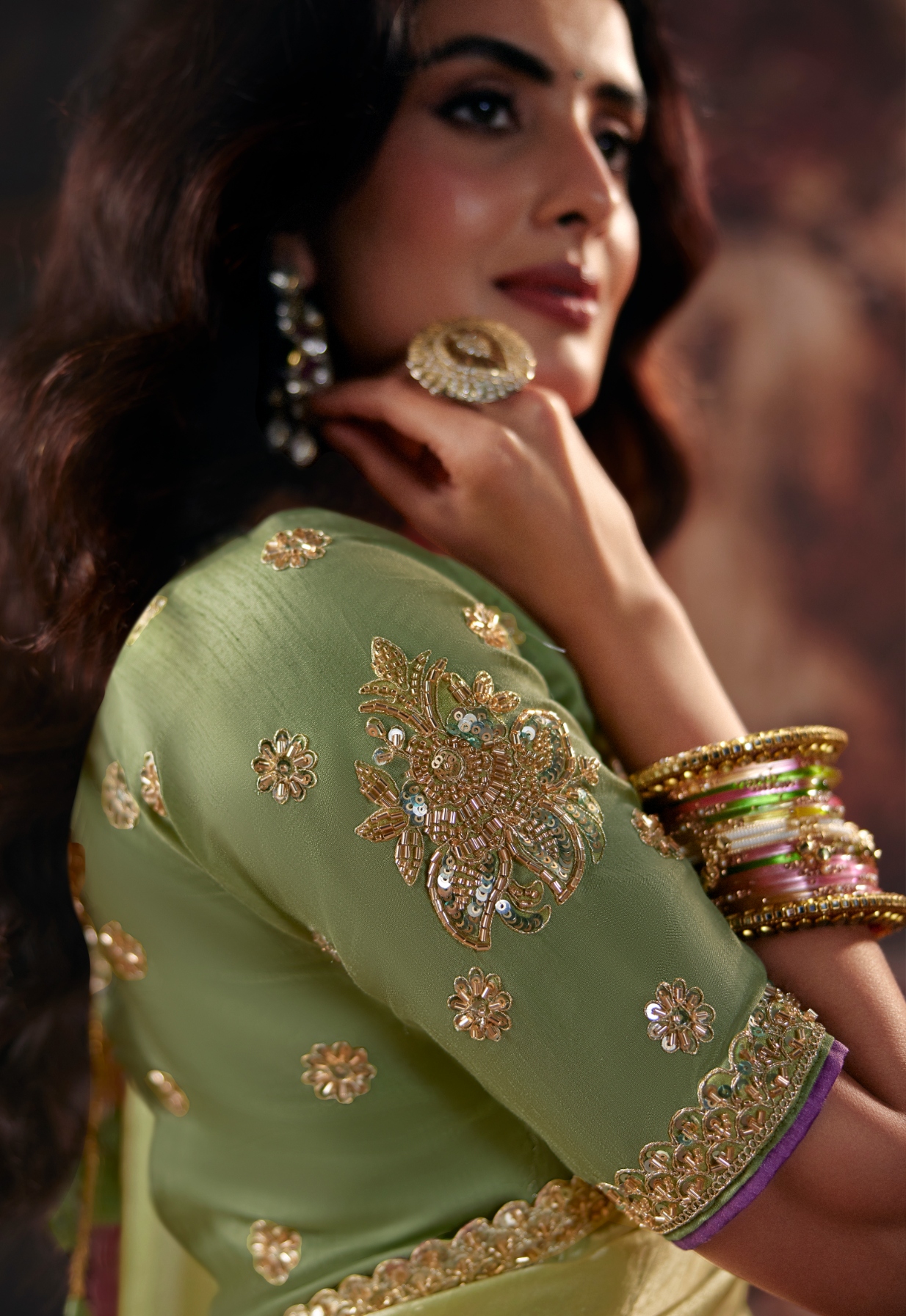 Pista N Pink Hand Work Fendy Satin Saree