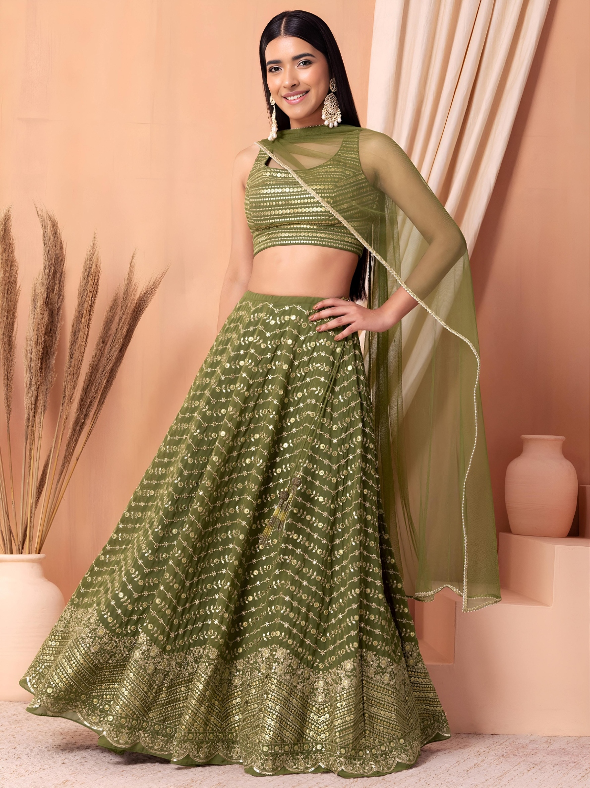 Pista One Shoulder Embroidery Georgette Lehenga Choli