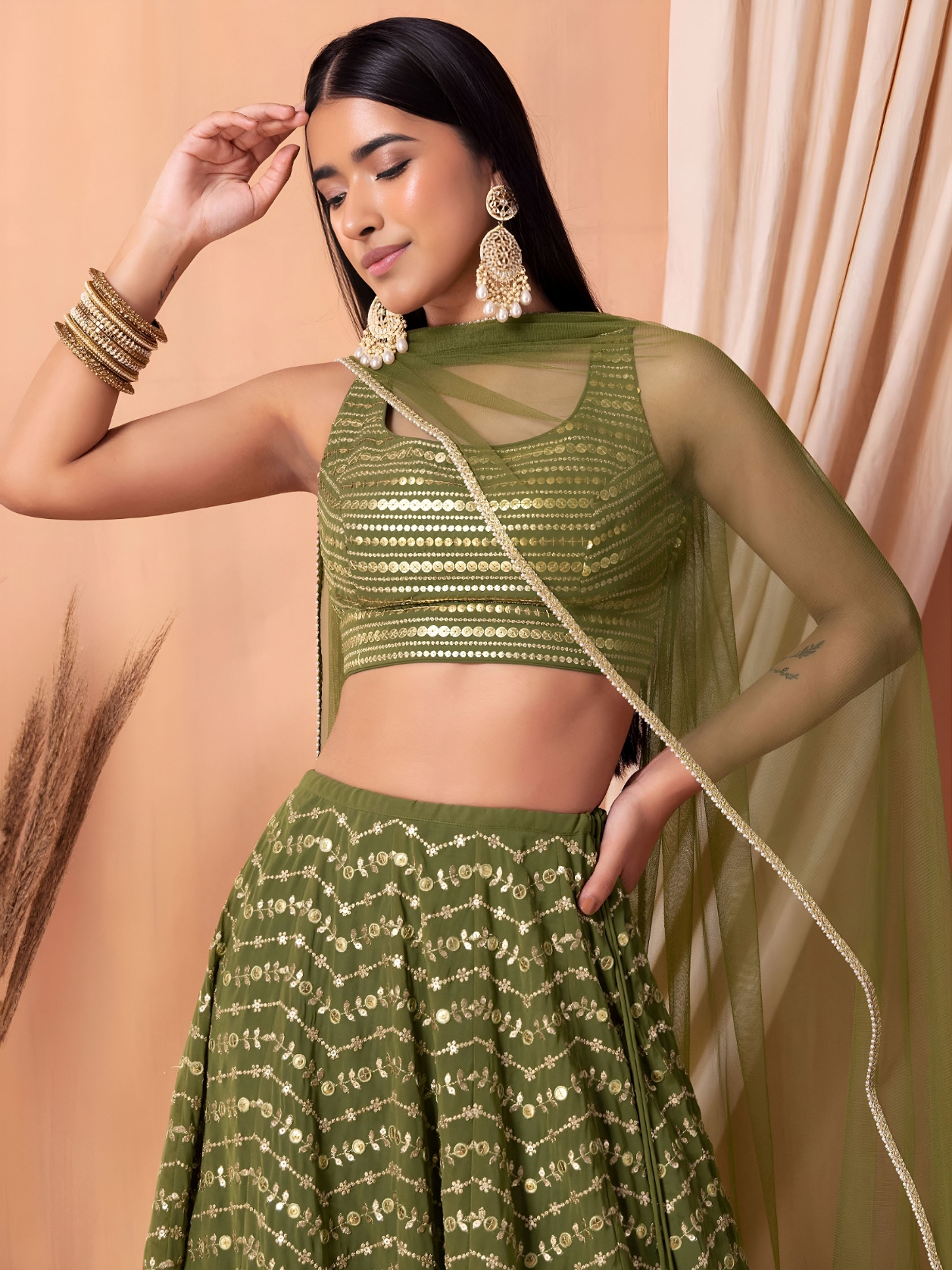 Pista One Shoulder Embroidery Georgette Lehenga Choli
